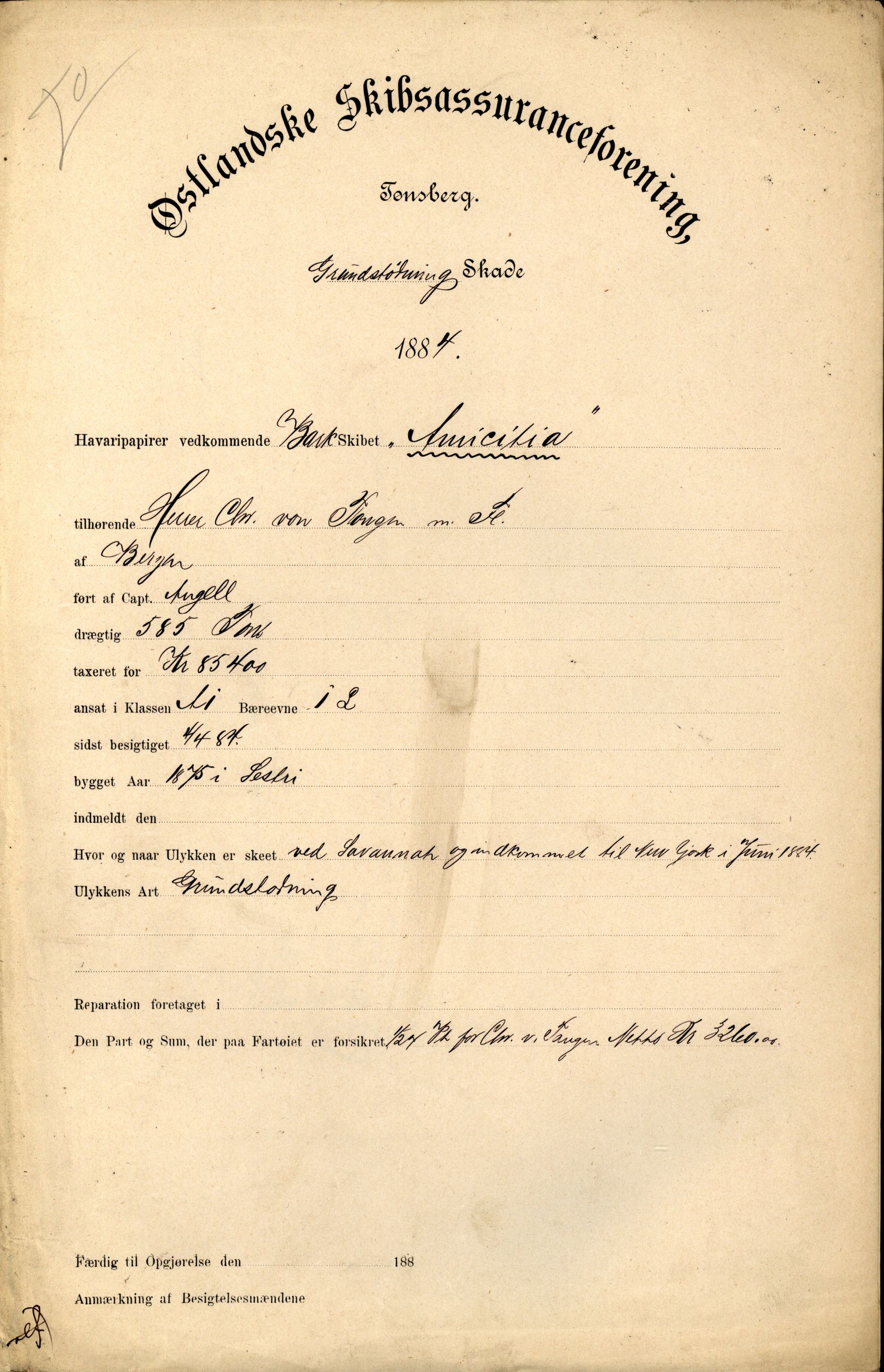 Pa 63 - Østlandske skibsassuranceforening, VEMU/A-1079/G/Ga/L0017/0011: Havaridokumenter / Andover, Amicitia, Bratsberg, Ganger Rolf, 1884, s. 4