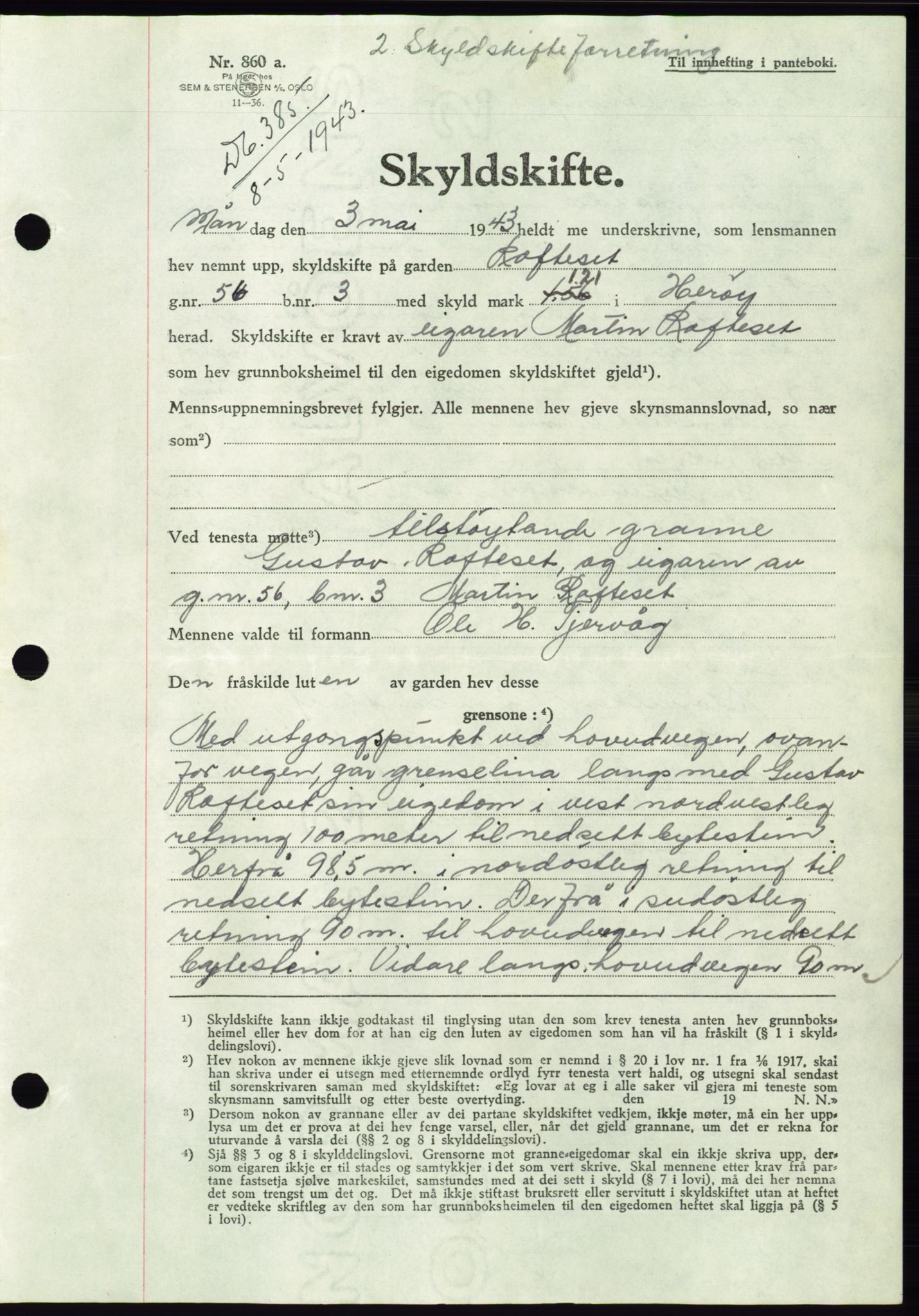 Søre Sunnmøre sorenskriveri, AV/SAT-A-4122/1/2/2C/L0075: Pantebok nr. 1A, 1943-1943, Dagboknr: 385/1943