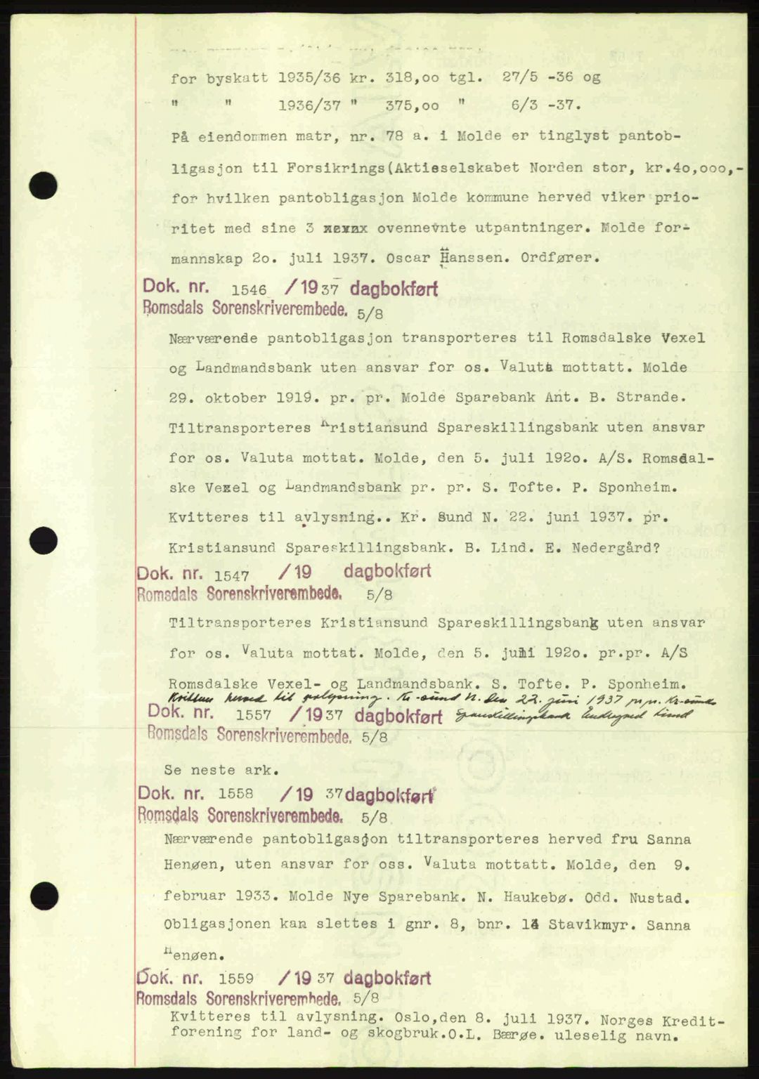 Romsdal sorenskriveri, AV/SAT-A-4149/1/2/2C: Pantebok nr. C1a, 1936-1945, Dagboknr: 1546/1937