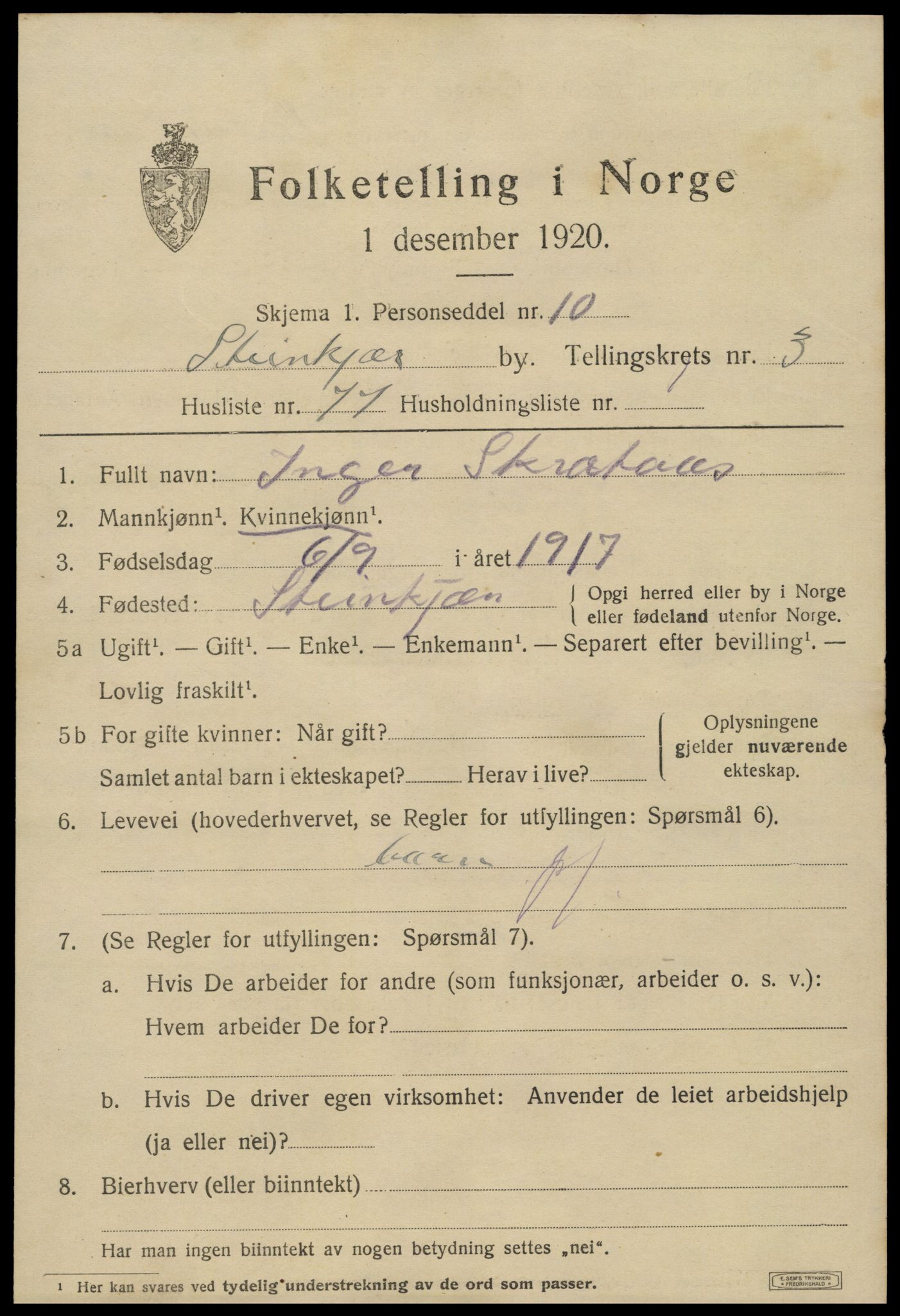SAT, Folketelling 1920 for 1702 Steinkjer ladested, 1920, s. 6986