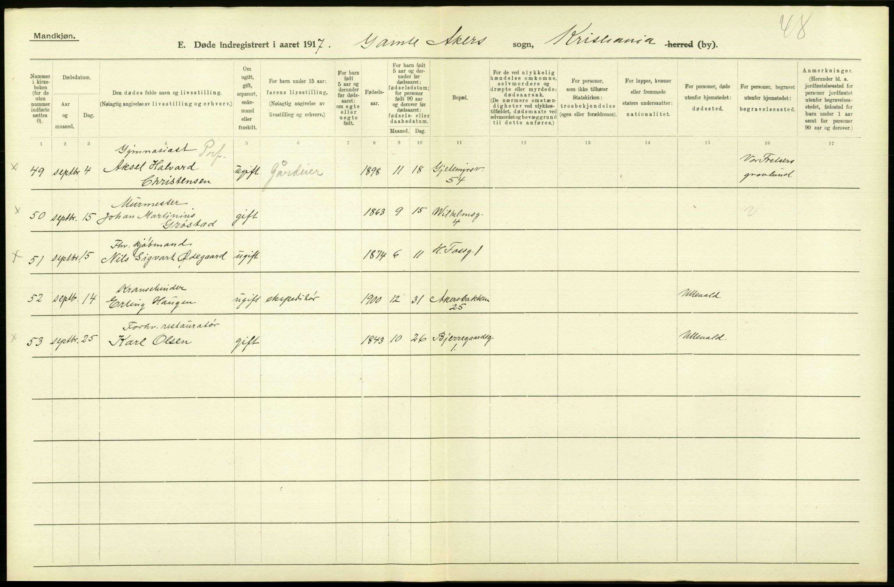 Statistisk sentralbyrå, Sosiodemografiske emner, Befolkning, AV/RA-S-2228/D/Df/Dfb/Dfbg/L0010: Kristiania: Døde, 1917, s. 560