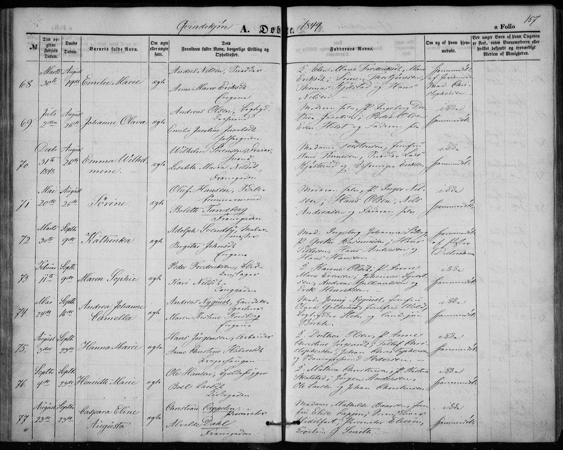 Bragernes kirkebøker, AV/SAKO-A-6/F/Fb/L0002: Ministerialbok nr. II 2, 1848-1859, s. 157