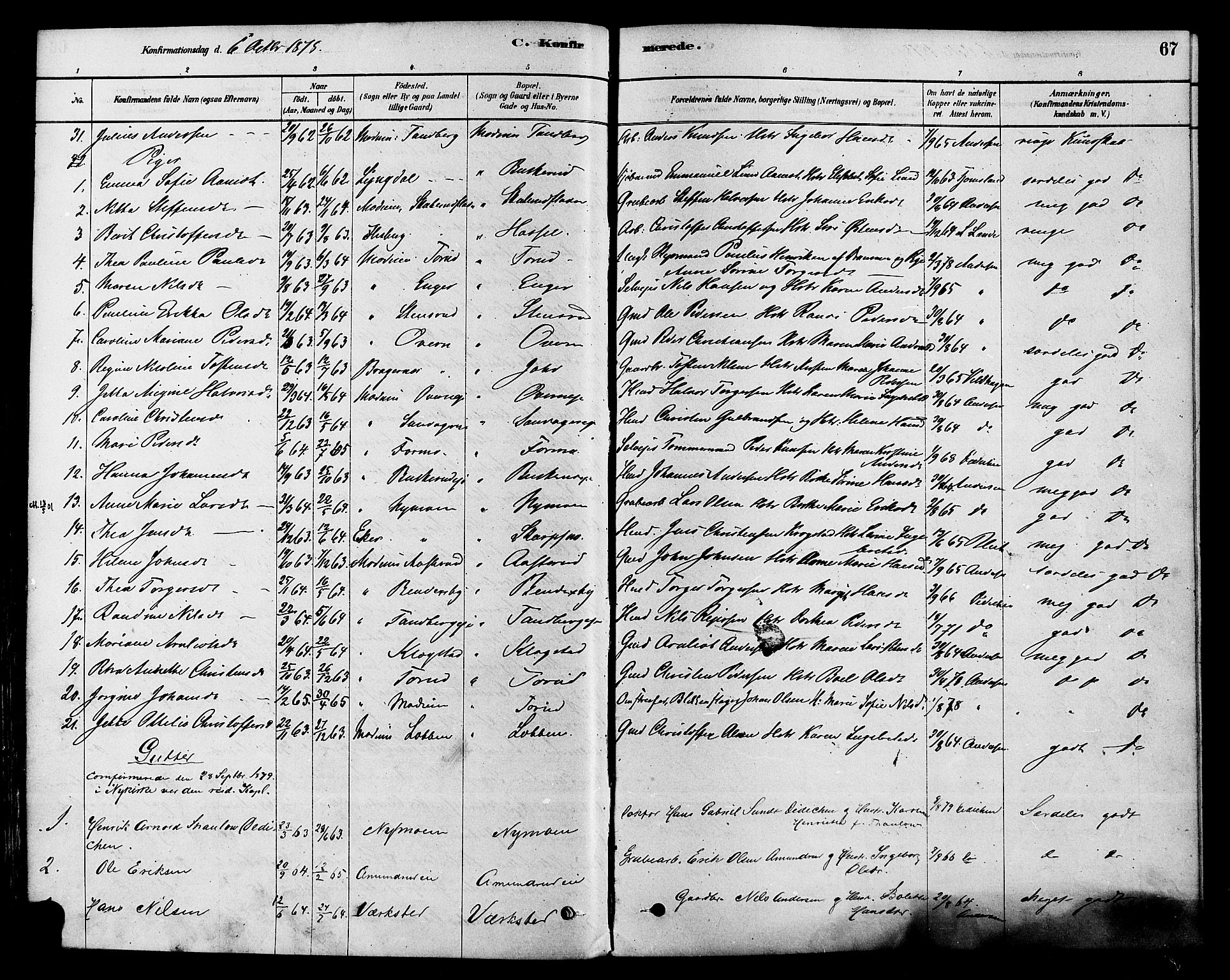 Modum kirkebøker, AV/SAKO-A-234/F/Fa/L0015: Ministerialbok nr. 15 /1, 1877-1889, s. 67