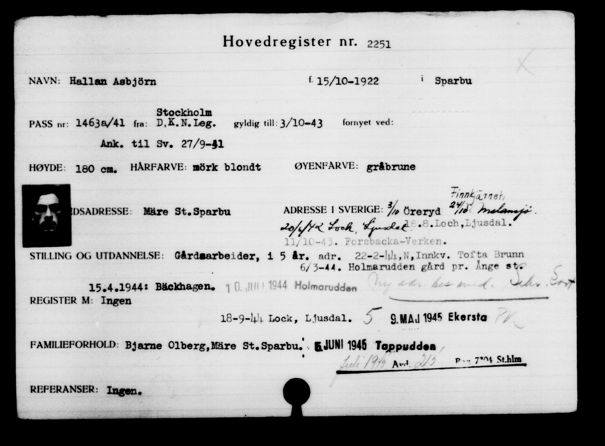 Utenriksstasjonene, Legasjonen i Stockholm, Flyktningkontoret, AV/RA-S-6753/V/Va/L0003: Kjesäterkartoteket, flyktninger med registreringsnr. 2001-3495, 1940-1945, s. 350
