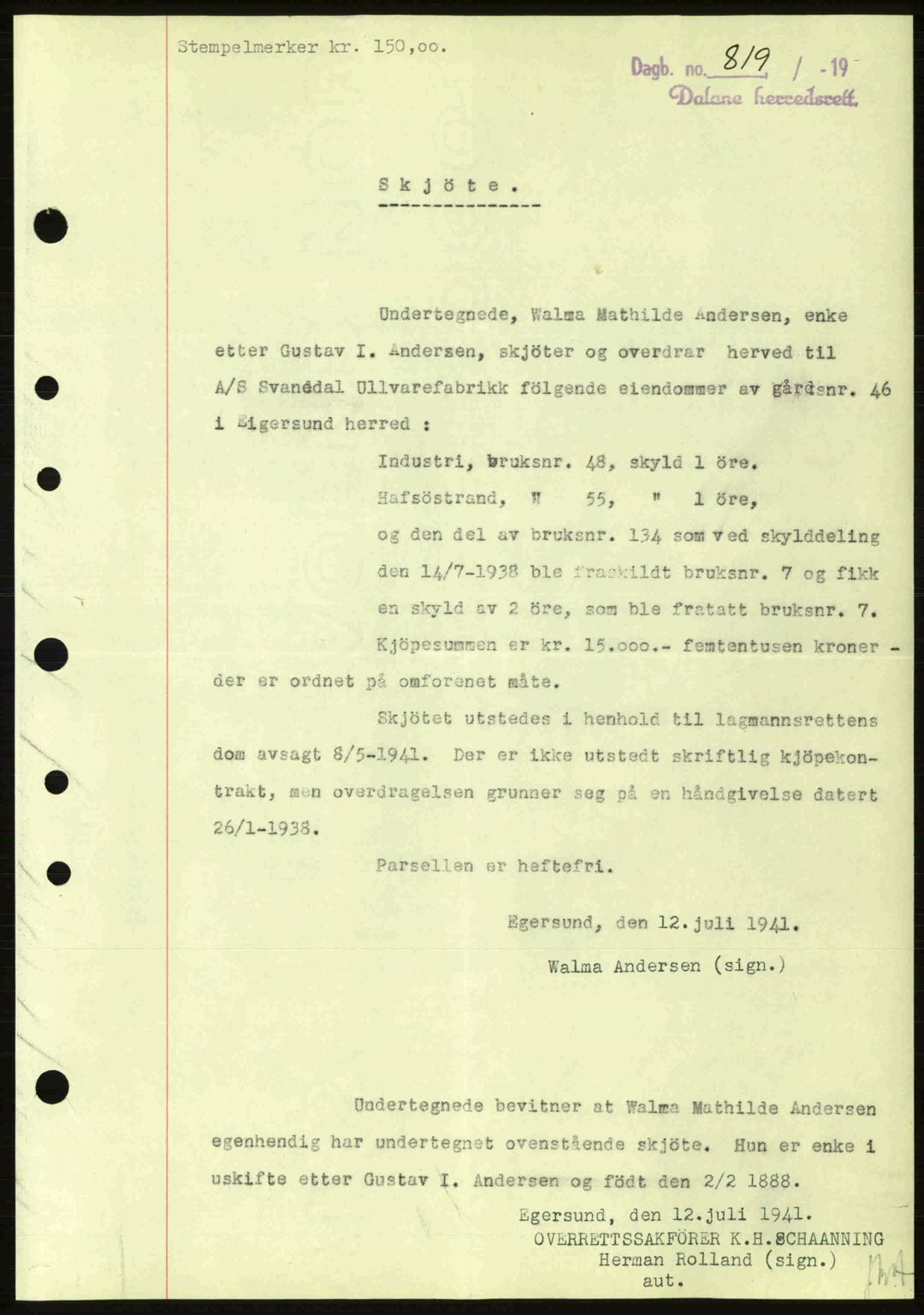 Dalane sorenskriveri, SAST/A-100309/02/G/Gb/L0045: Pantebok nr. A6, 1941-1942, Dagboknr: 819/1941