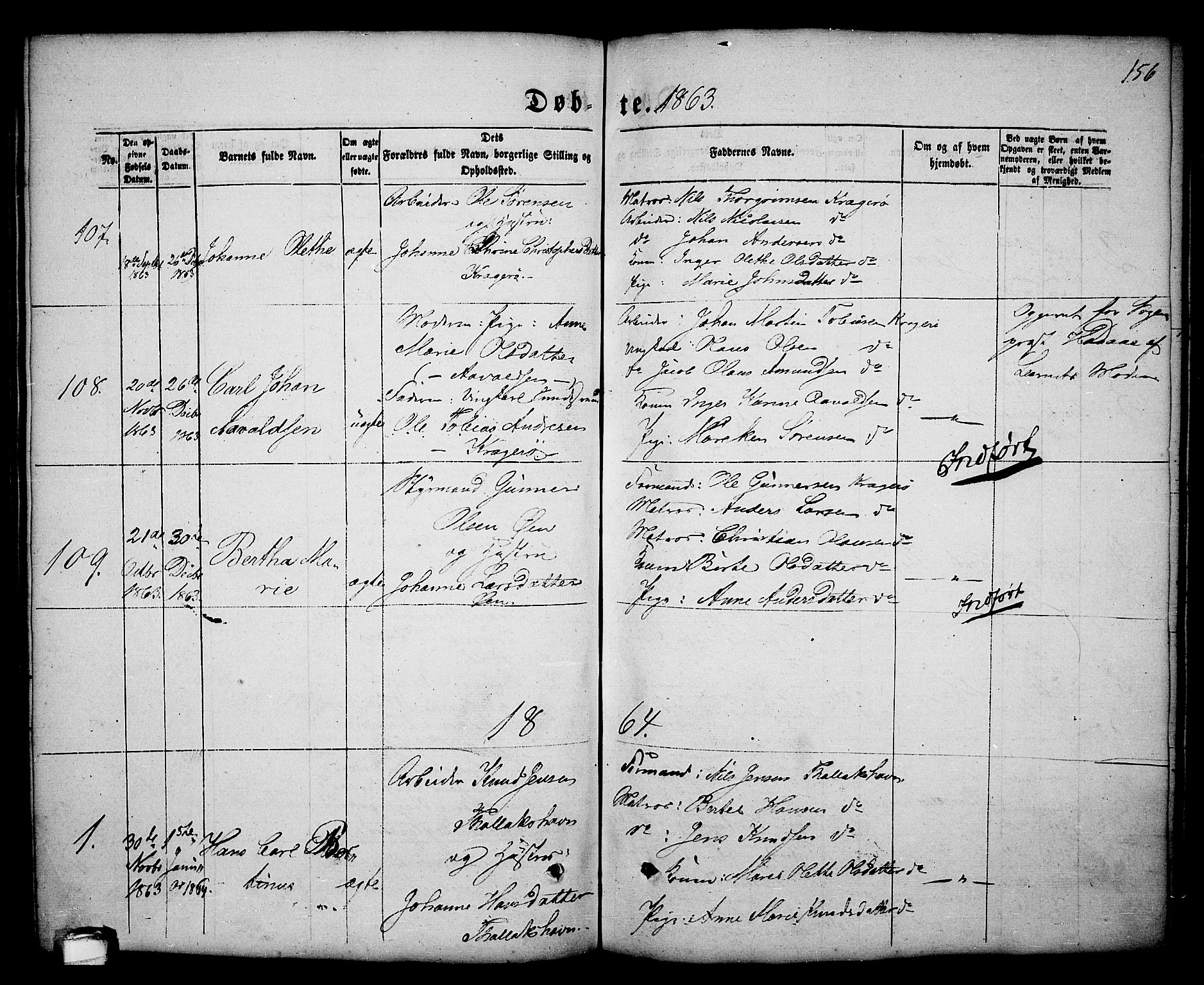 Kragerø kirkebøker, AV/SAKO-A-278/G/Ga/L0004: Klokkerbok nr. 4, 1853-1865, s. 156