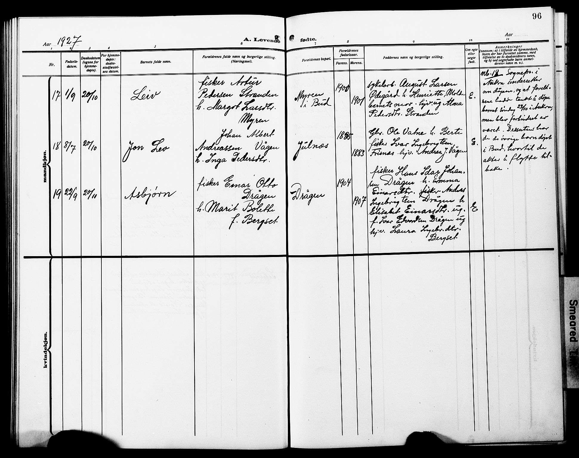 Ministerialprotokoller, klokkerbøker og fødselsregistre - Møre og Romsdal, SAT/A-1454/566/L0774: Klokkerbok nr. 566C03, 1910-1929, s. 96