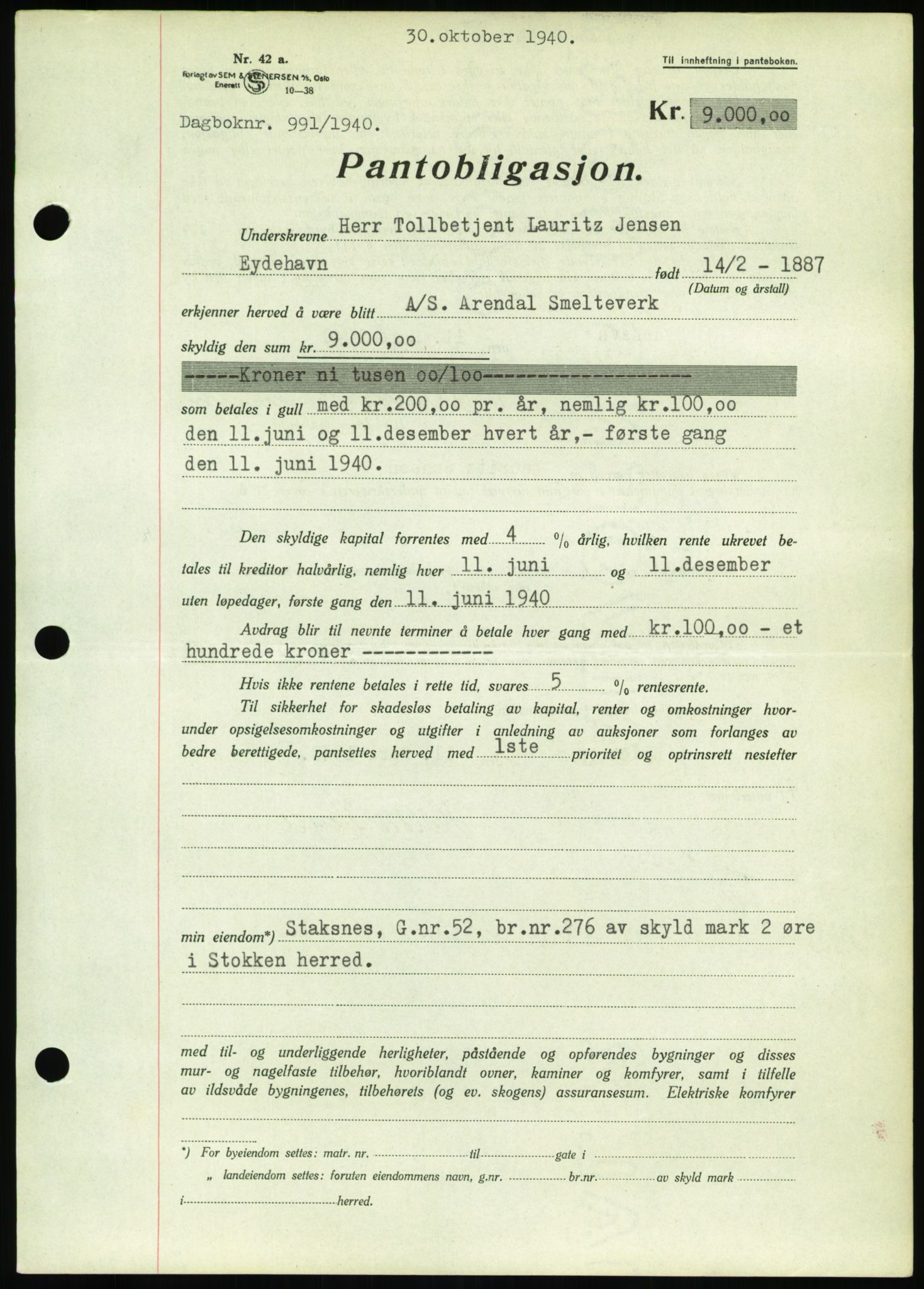 Nedenes sorenskriveri, SAK/1221-0006/G/Gb/Gbb/L0001: Pantebok nr. I, 1939-1942, Dagboknr: 991/1940