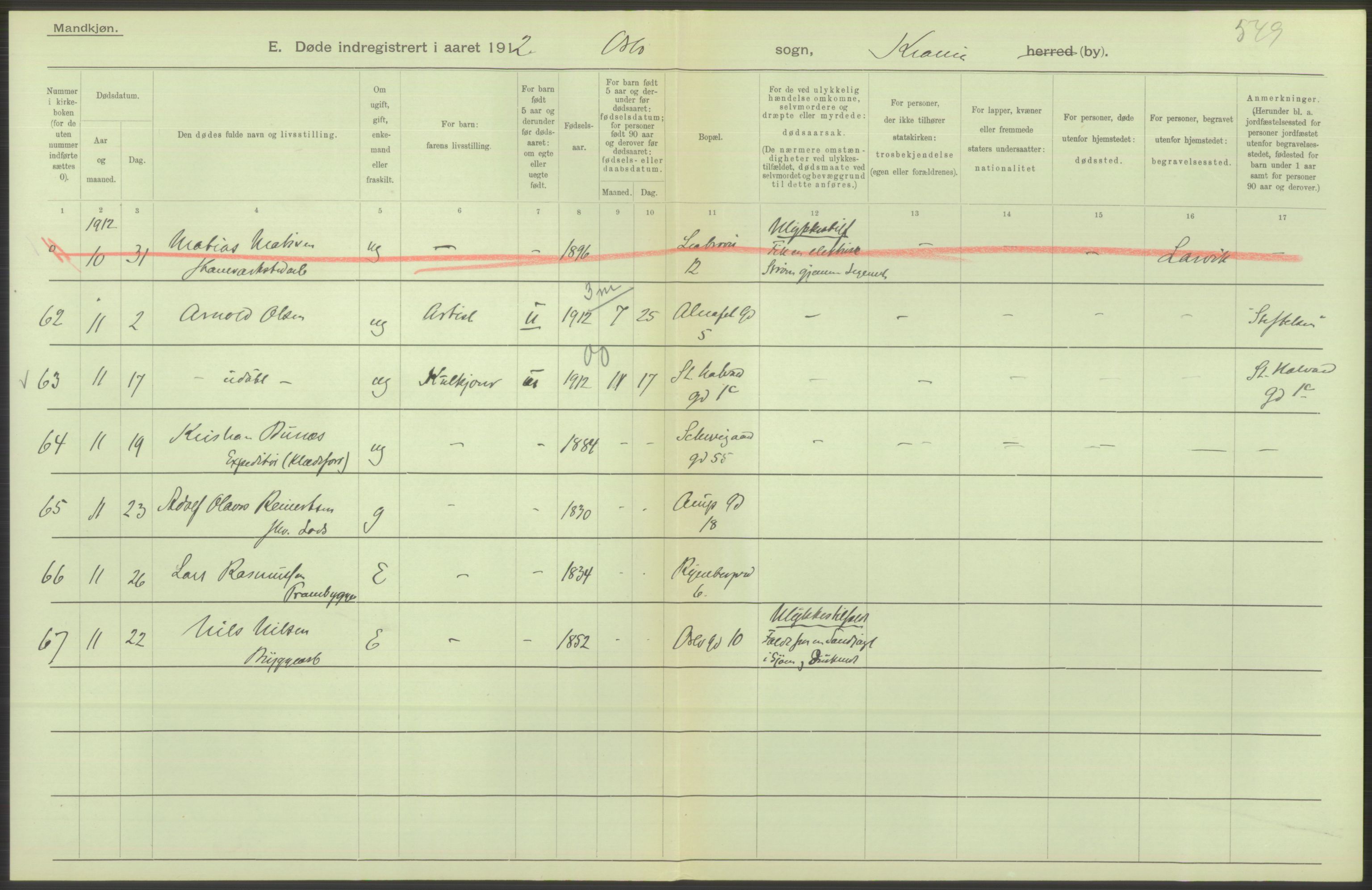 Statistisk sentralbyrå, Sosiodemografiske emner, Befolkning, AV/RA-S-2228/D/Df/Dfb/Dfbb/L0010: Kristiania: Døde, dødfødte, 1912, s. 294