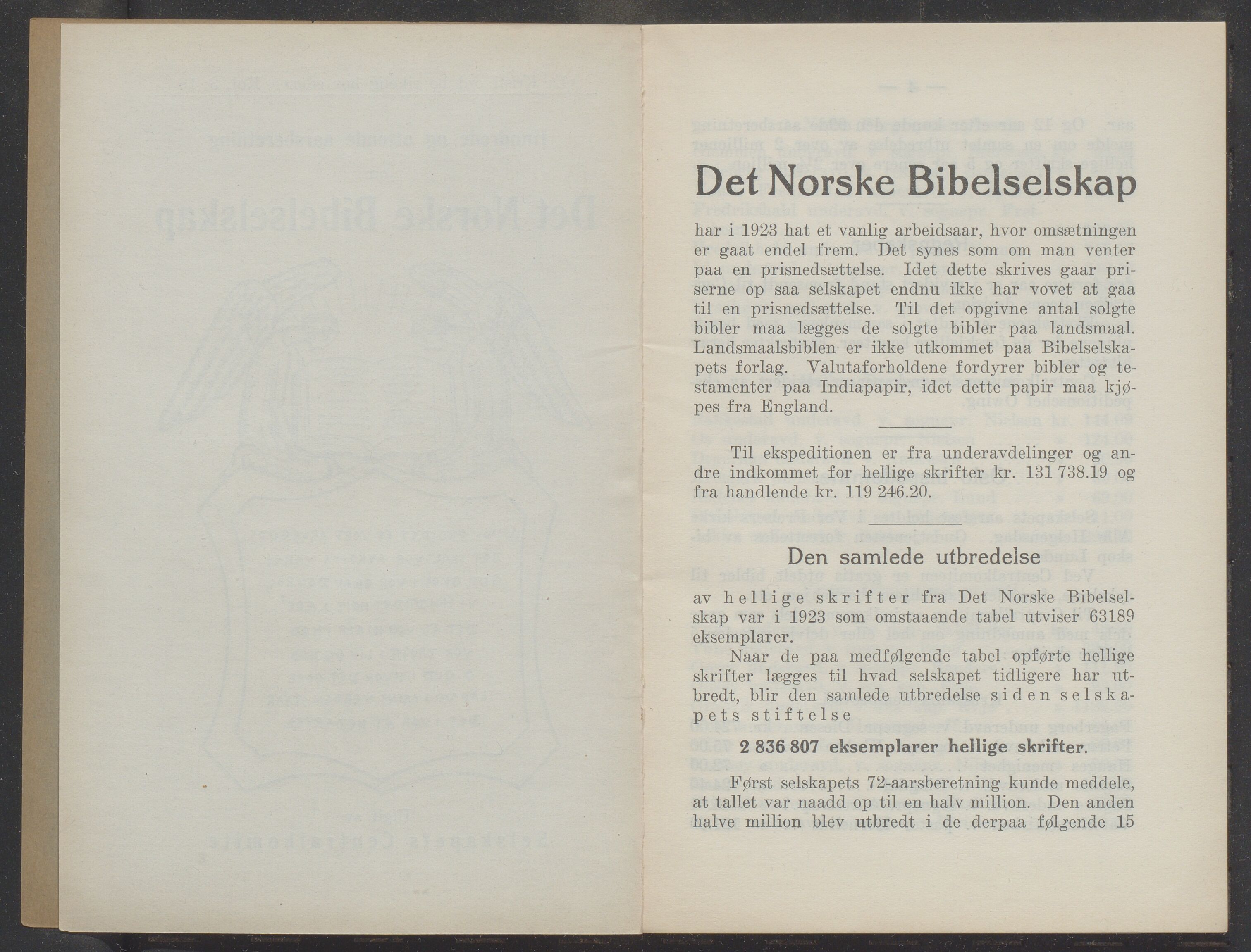 Det Norske Bibelselskap, VID/MDA-A-1528/X/L0006/0004/0005: Årsberetninger / Årsberetning 104-109, 1923