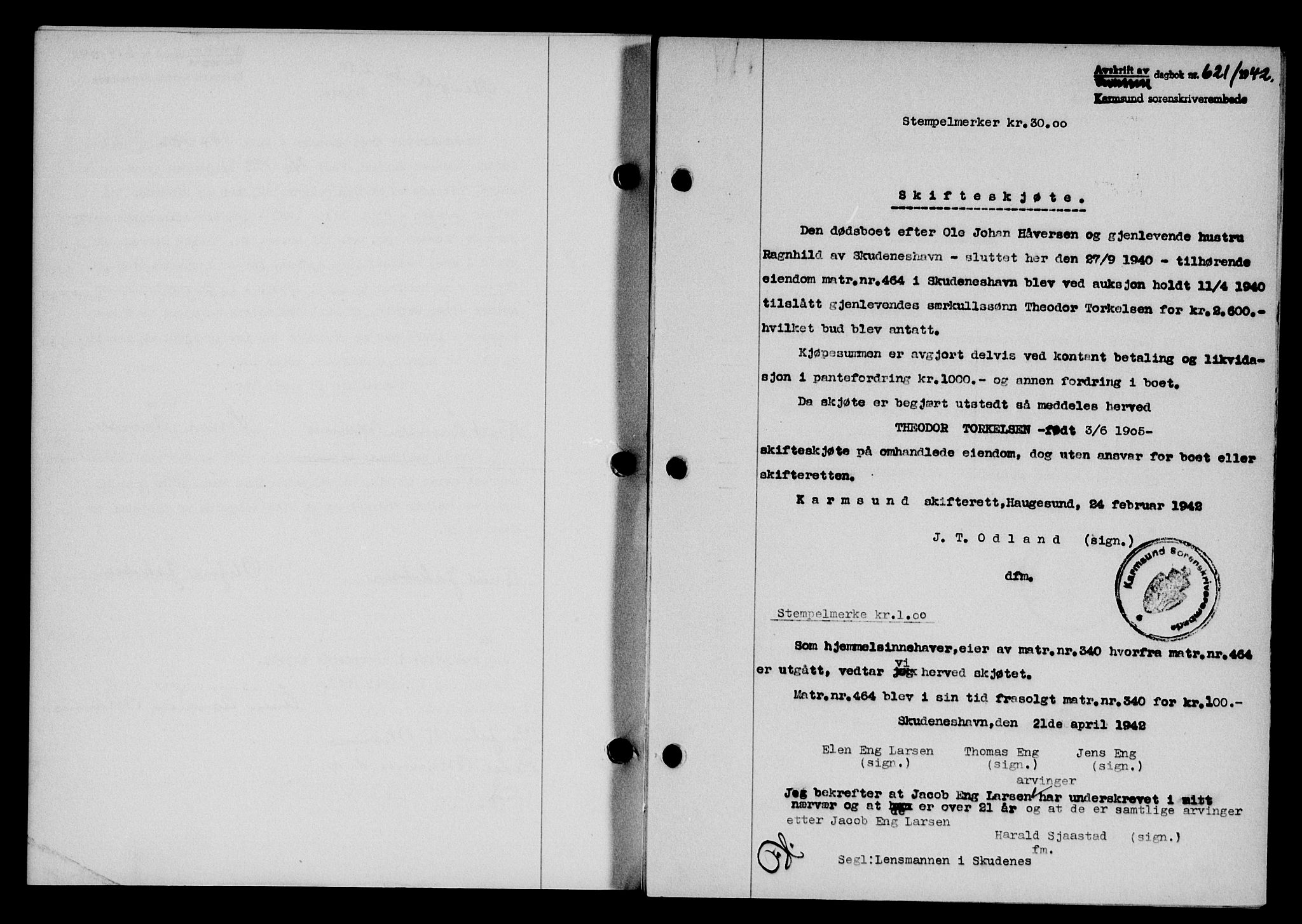 Karmsund sorenskriveri, SAST/A-100311/01/II/IIB/L0077: Pantebok nr. 58A, 1942-1942, Dagboknr: 621/1942