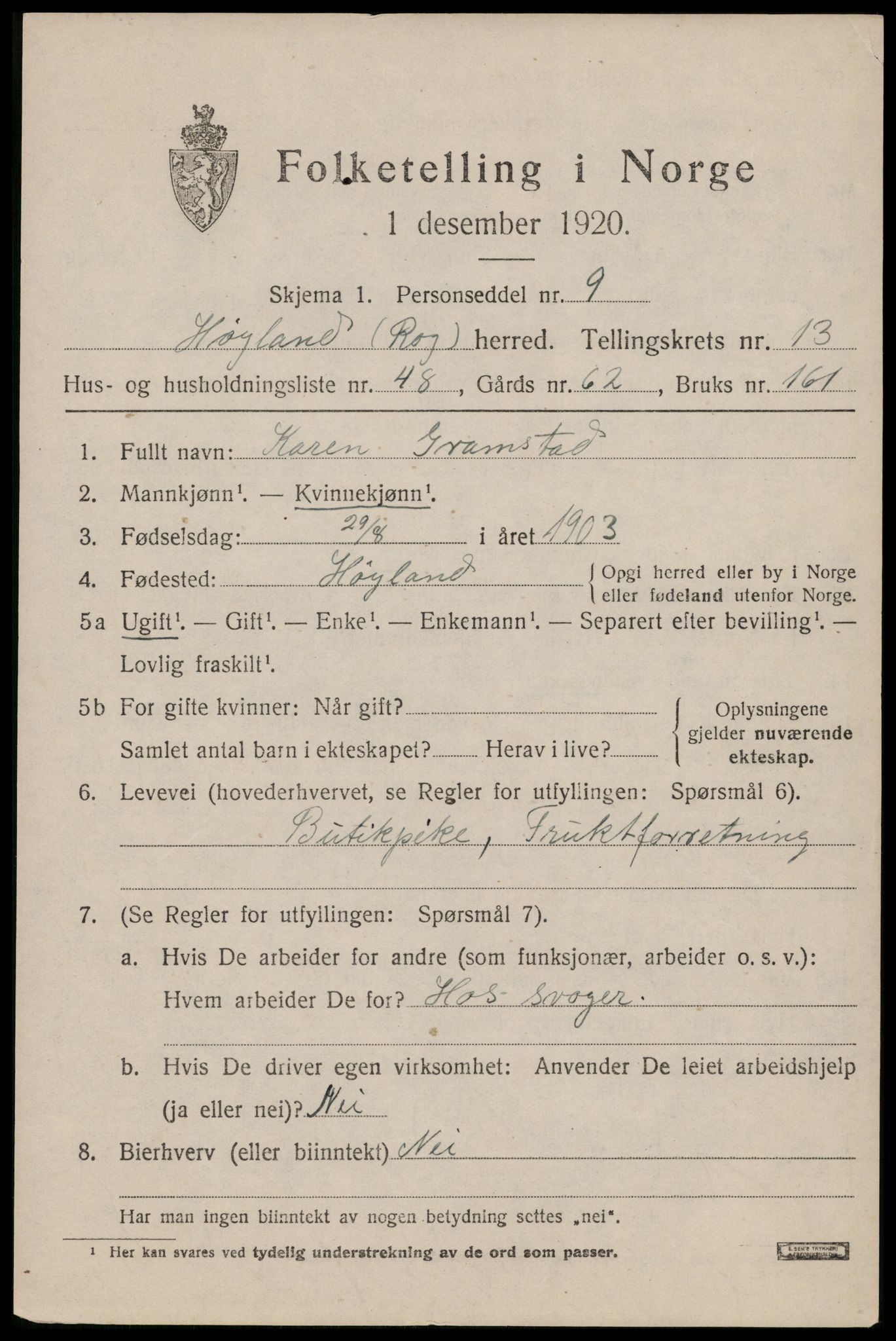 SAST, Folketelling 1920 for 1123 Høyland herred, 1920, s. 11462