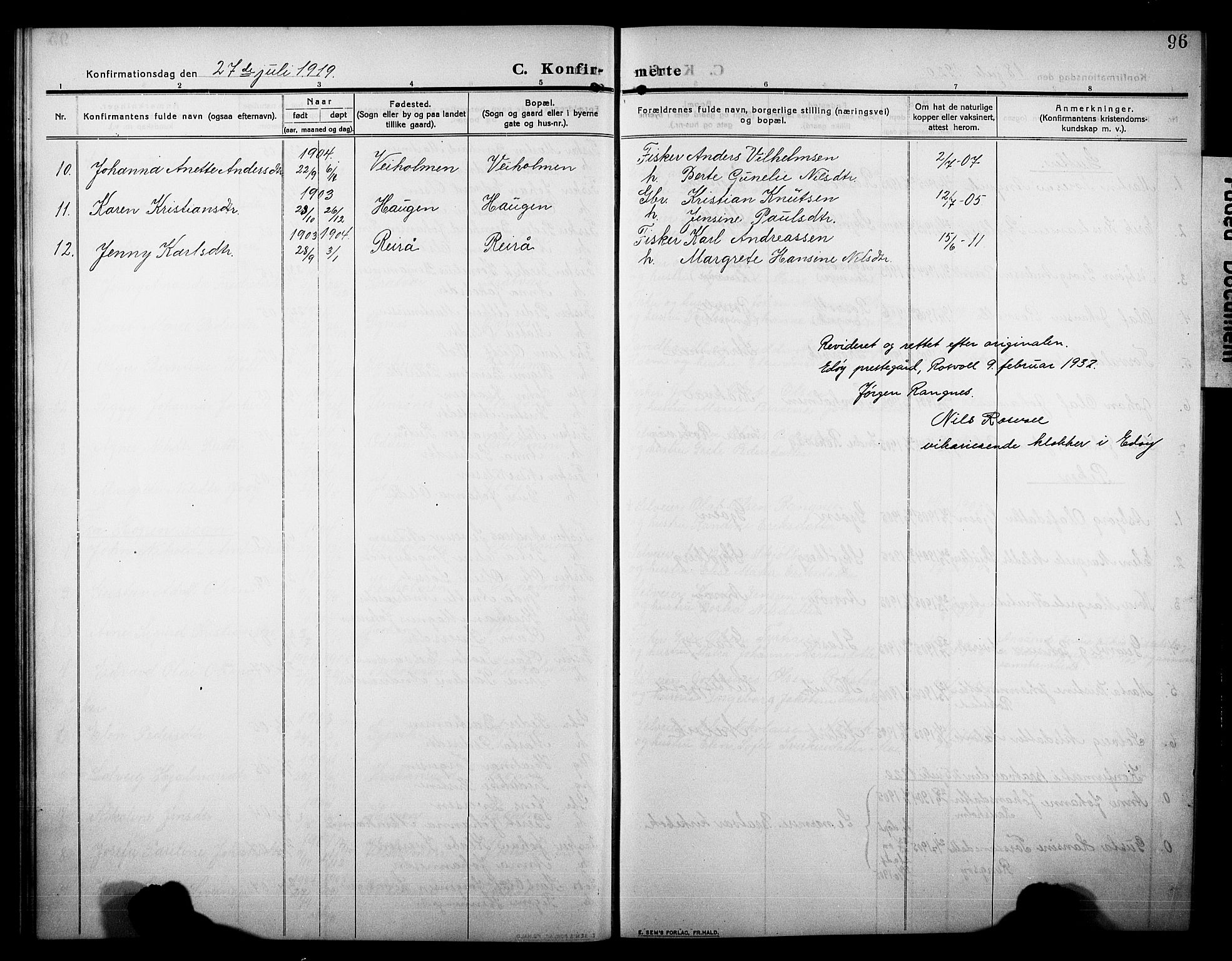 Ministerialprotokoller, klokkerbøker og fødselsregistre - Møre og Romsdal, AV/SAT-A-1454/581/L0943: Klokkerbok nr. 581C01, 1909-1931, s. 96