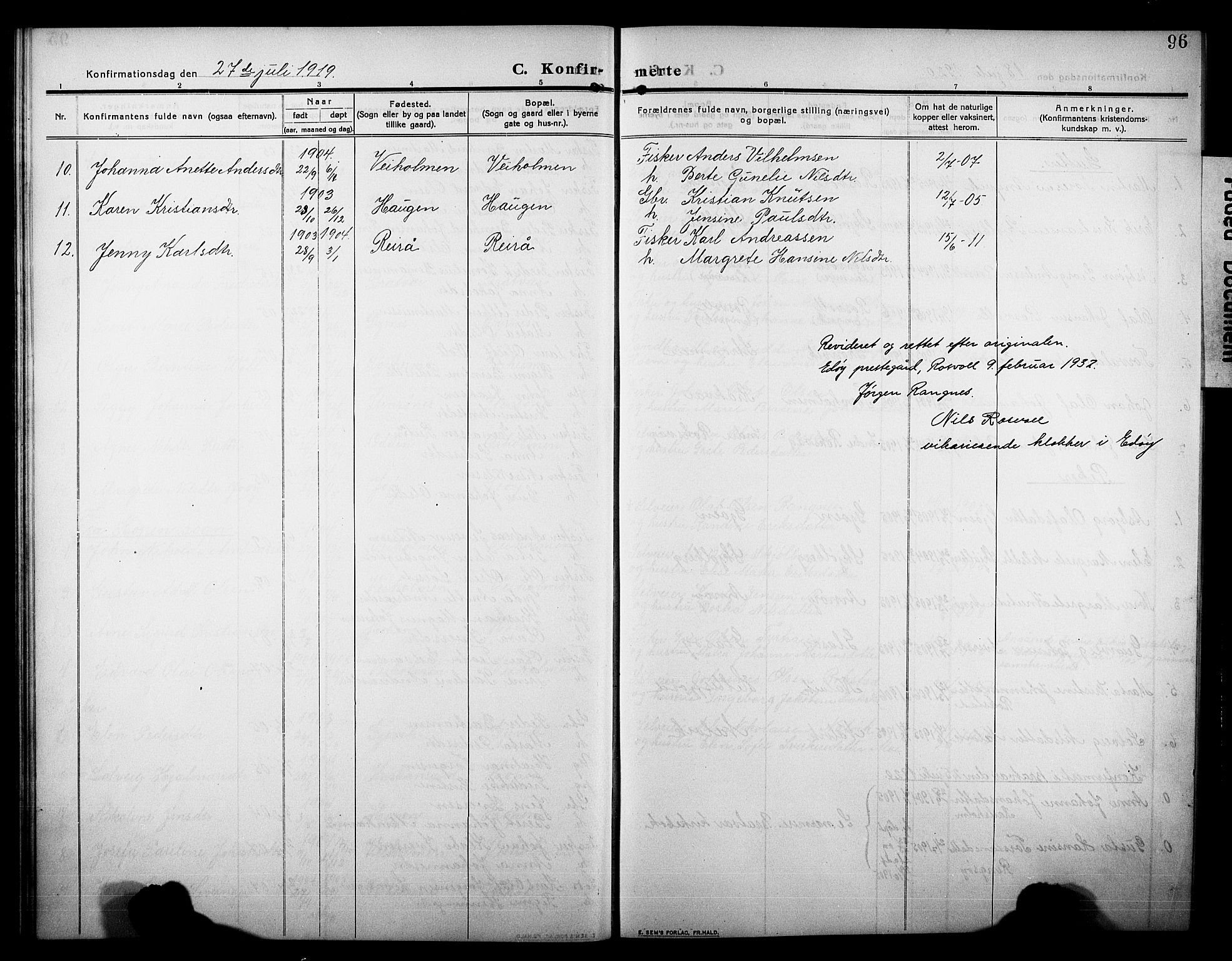 Ministerialprotokoller, klokkerbøker og fødselsregistre - Møre og Romsdal, SAT/A-1454/581/L0943: Klokkerbok nr. 581C01, 1909-1931, s. 96