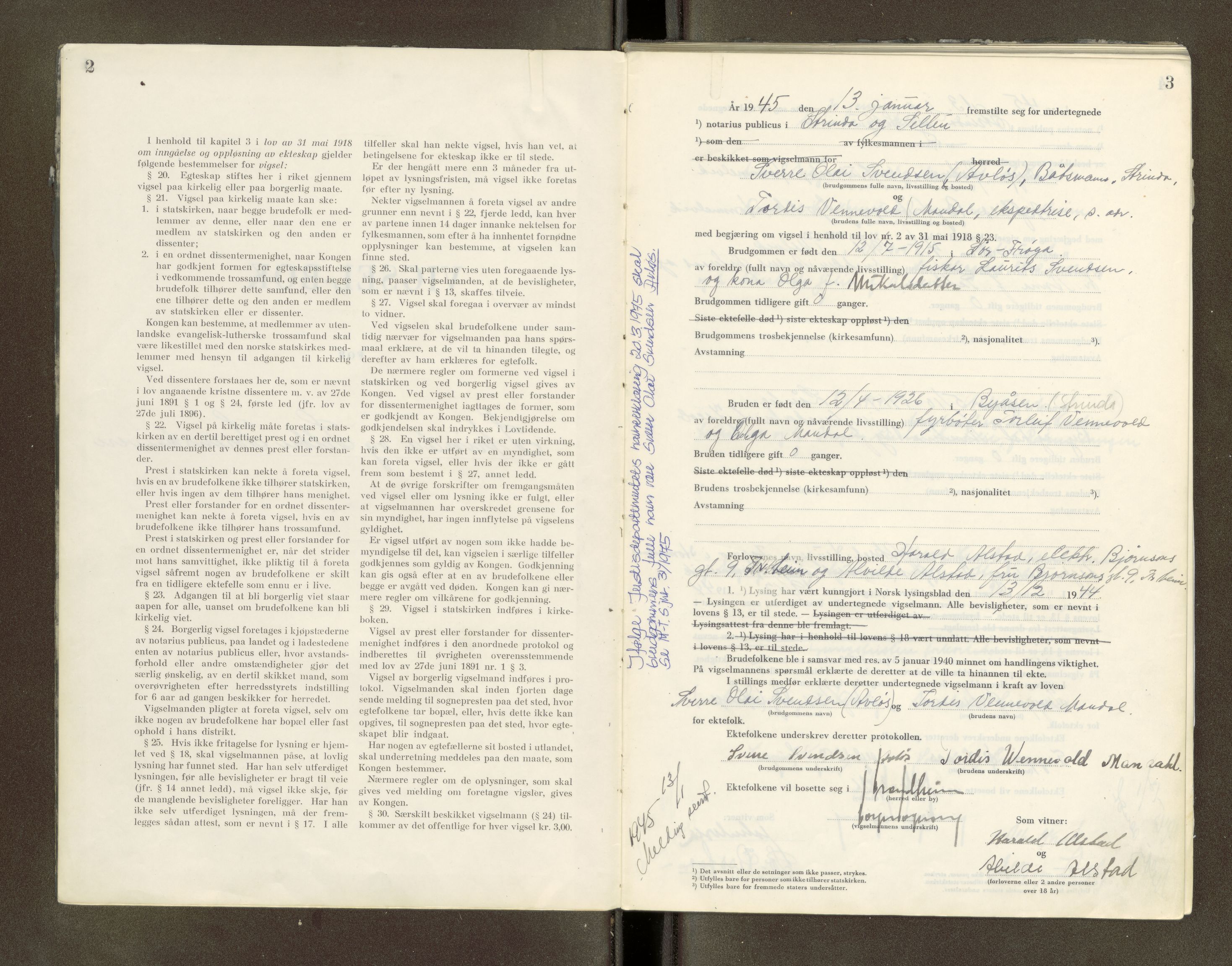 Strinda og Selbu sorenskriveri, SAT/A-0015/6/6D/L0008: Vigselsbok, 1945-1946, s. 2-3