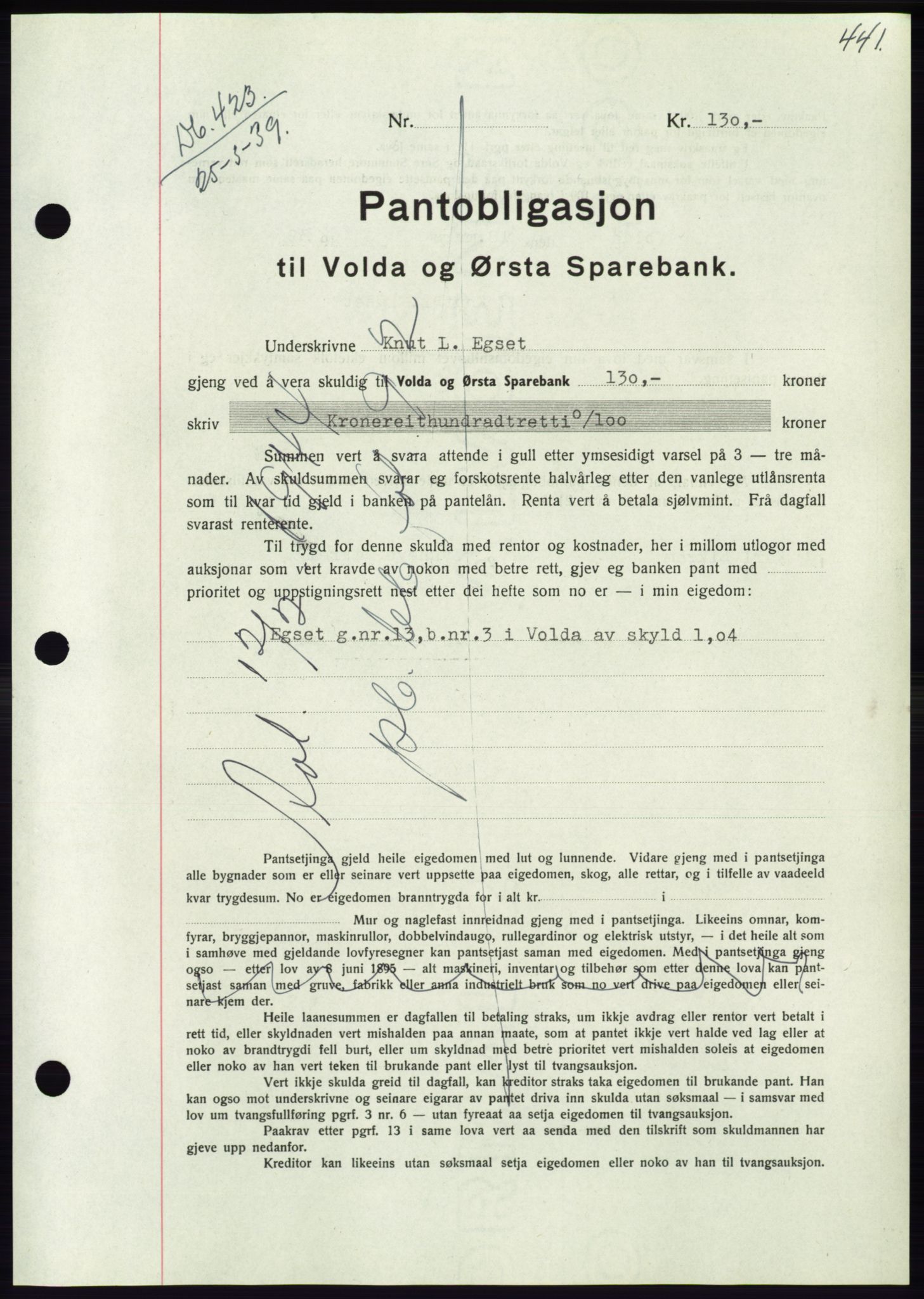 Søre Sunnmøre sorenskriveri, AV/SAT-A-4122/1/2/2C/L0067: Pantebok nr. 61, 1938-1939, Dagboknr: 423/1939