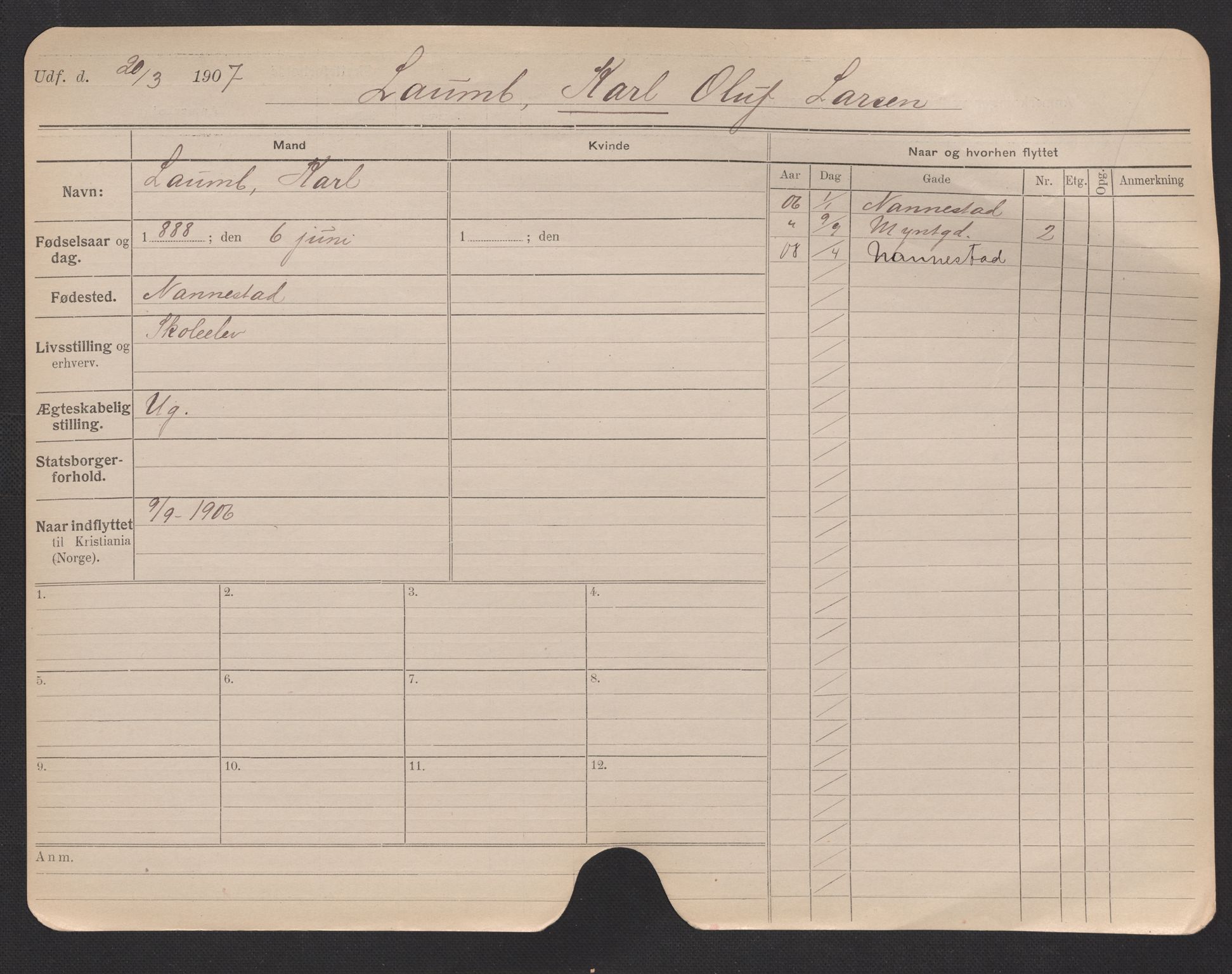 Oslo folkeregister, Registerkort, AV/SAO-A-11715/F/Fa/Fac/L0007: Menn, 1906-1914, s. 13a