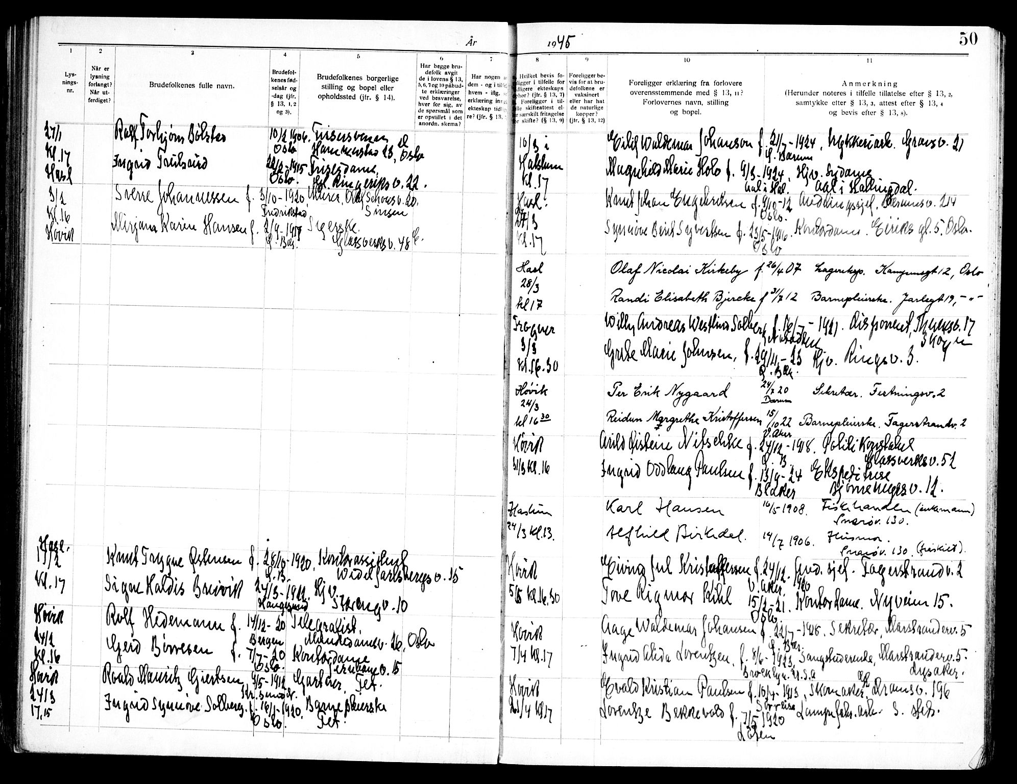 Østre Bærum prestekontor Kirkebøker, AV/SAO-A-10887/H/Ha/L0003: Lysningsprotokoll nr. 3, 1940-1947, s. 50