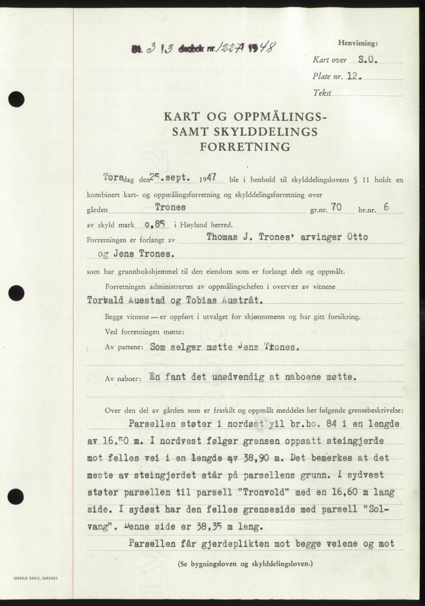 Jæren sorenskriveri, SAST/A-100310/03/G/Gba/L0098: Pantebok, 1948-1948, Dagboknr: 1227/1948