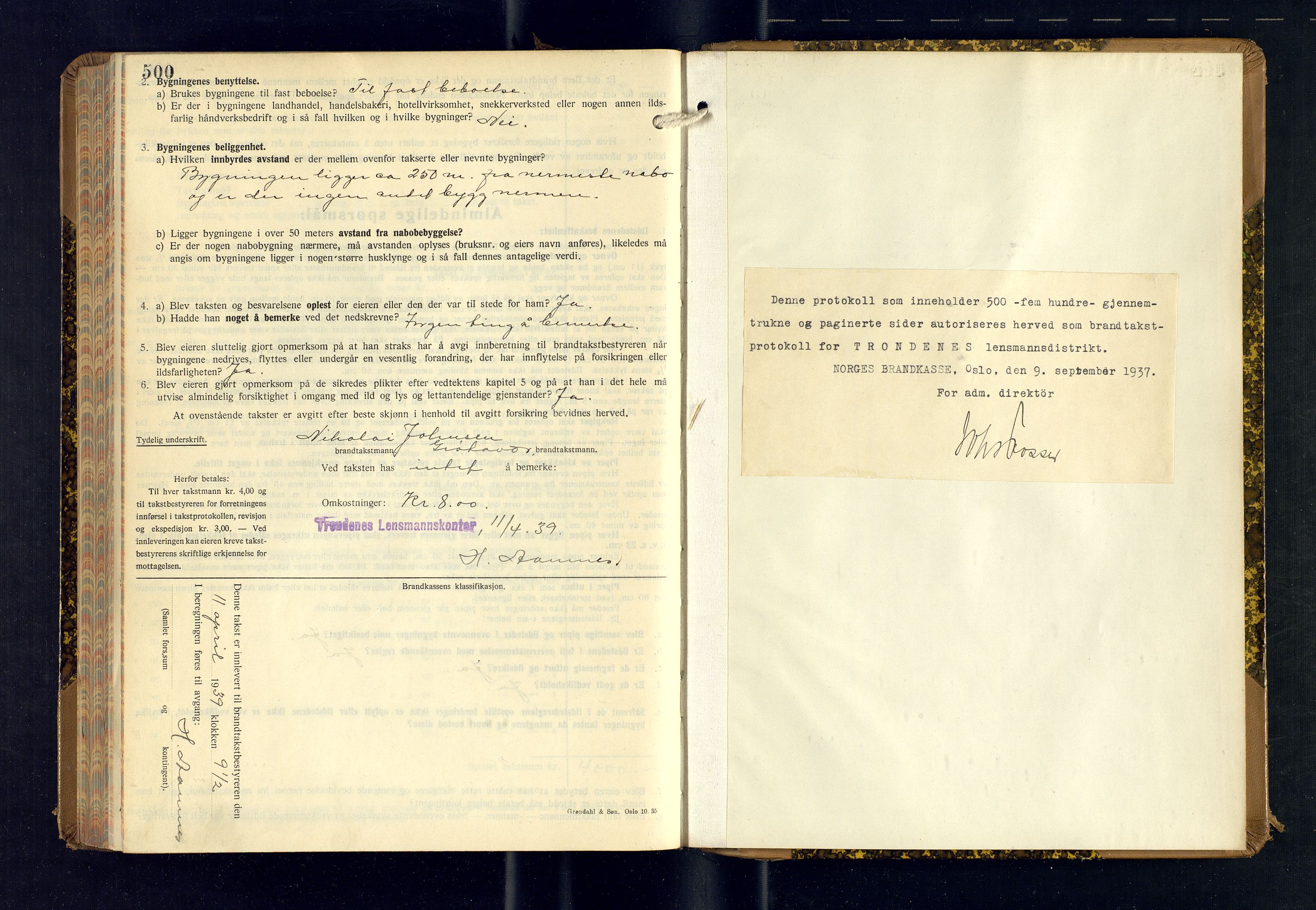 Harstad lensmannskontor, SATØ/SATØ-10/F/Fr/Fra/L0619: Branntakstprotokoll (S), 1937-1939, s. 500-501