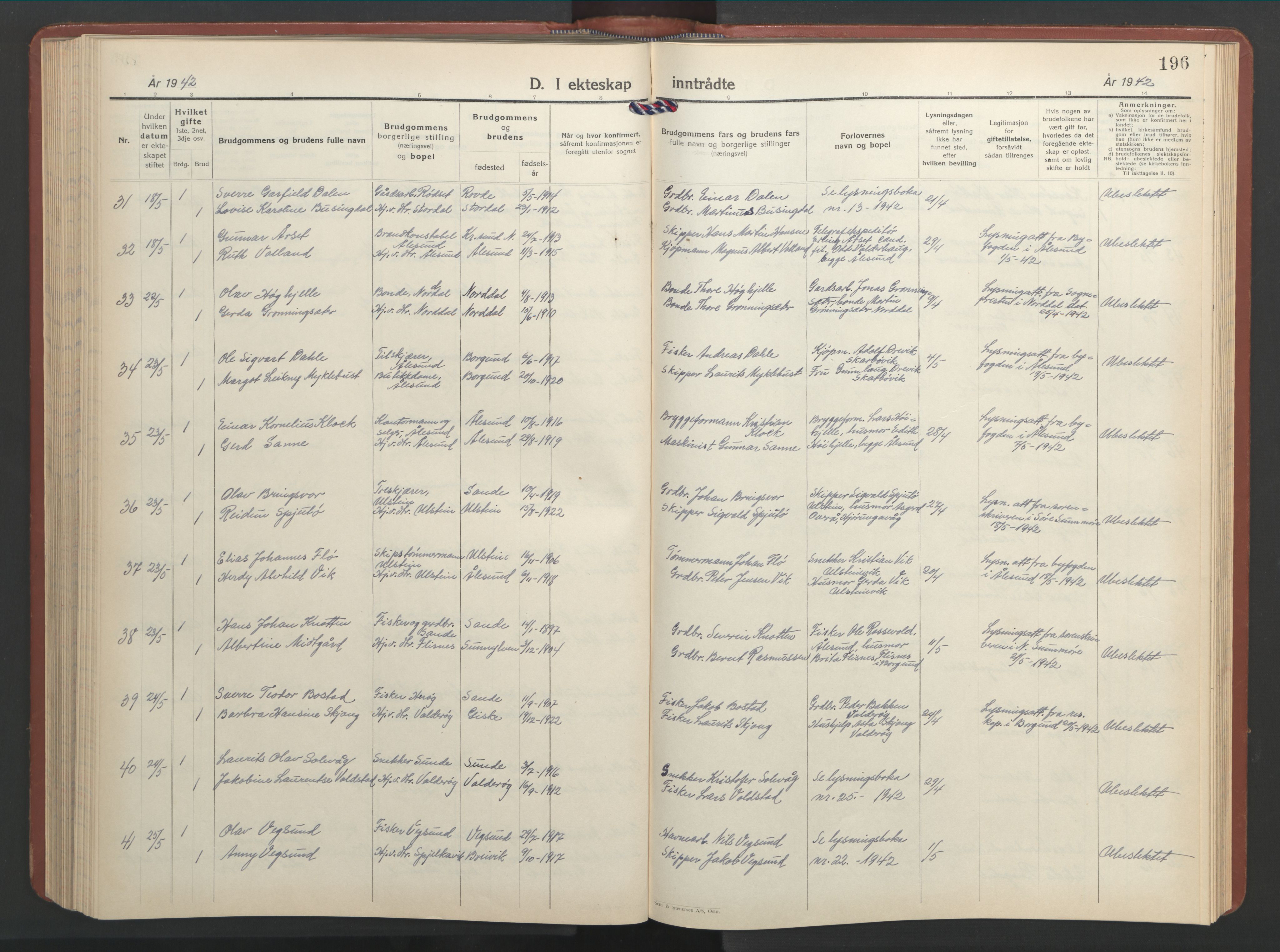 Ministerialprotokoller, klokkerbøker og fødselsregistre - Møre og Romsdal, SAT/A-1454/528/L0437: Klokkerbok nr. 528C18, 1939-1948, s. 196