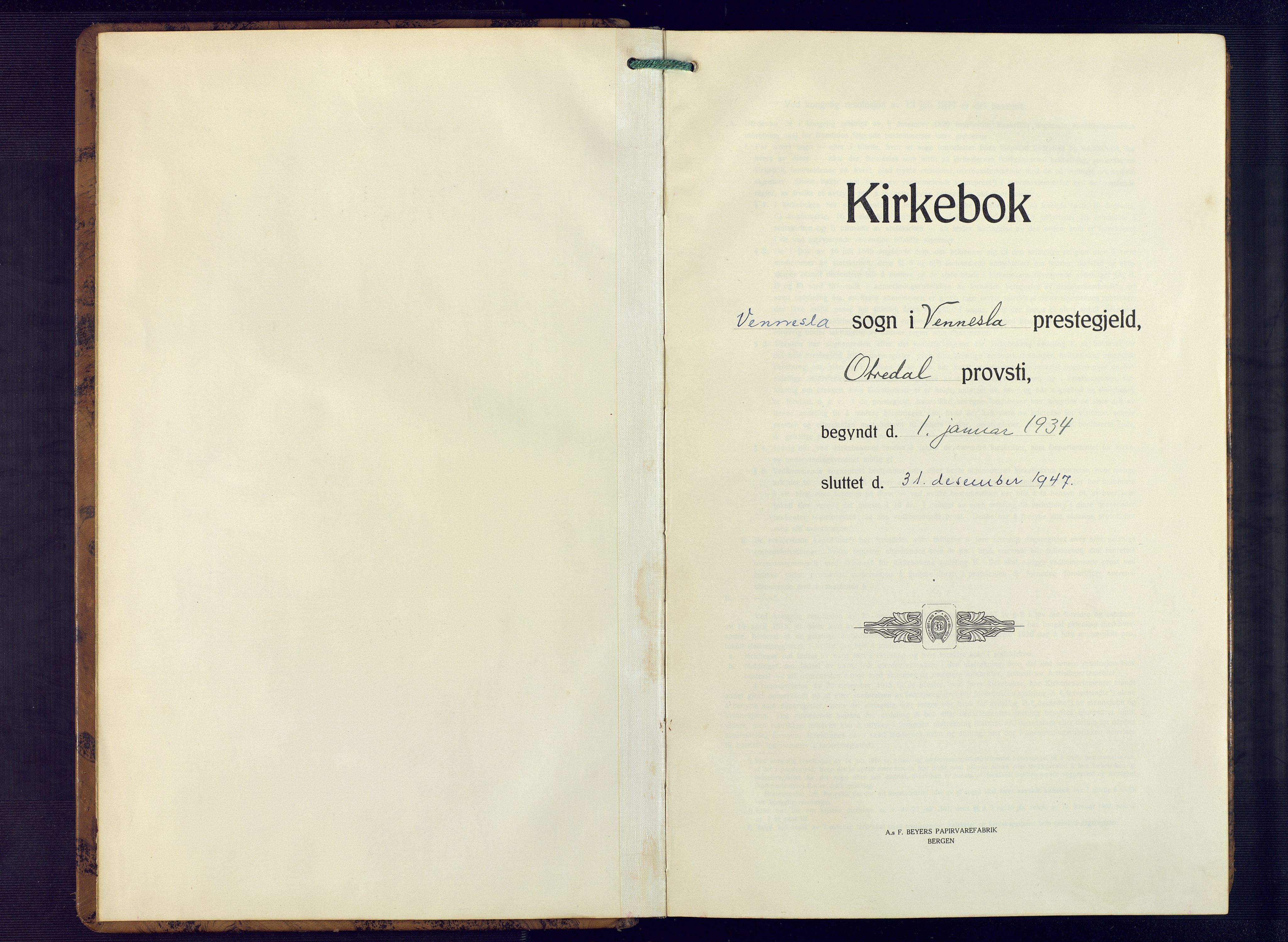 Vennesla sokneprestkontor, AV/SAK-1111-0045/Fb/Fbb/L0008: Klokkerbok nr. B 8, 1934-1947