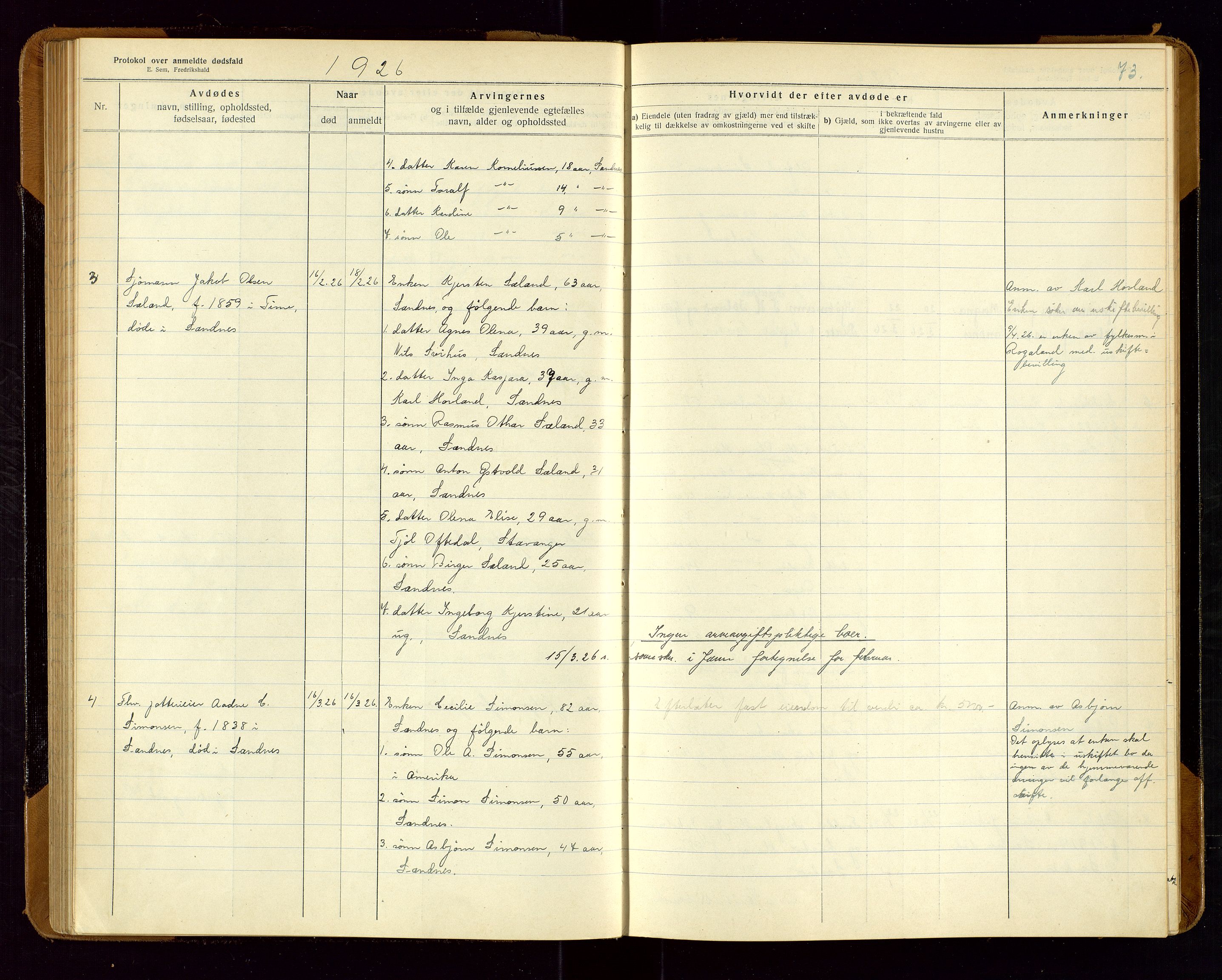 Sandnes lensmannskontor, AV/SAST-A-100167/Gga/L0001: "Protokol over anmeldte dødsfald" m/register, 1918-1940, s. 73
