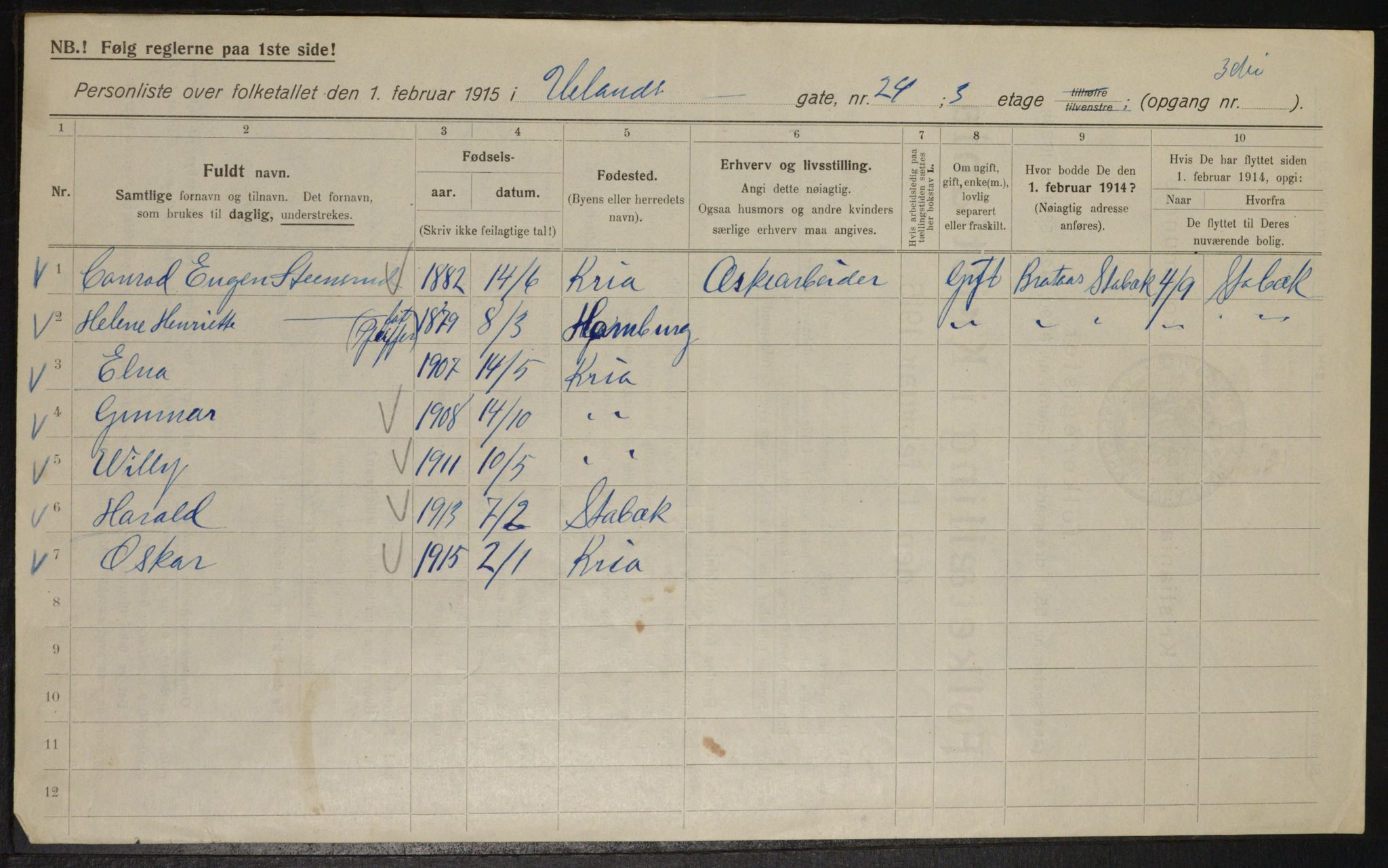 OBA, Kommunal folketelling 1.2.1915 for Kristiania, 1915, s. 119144