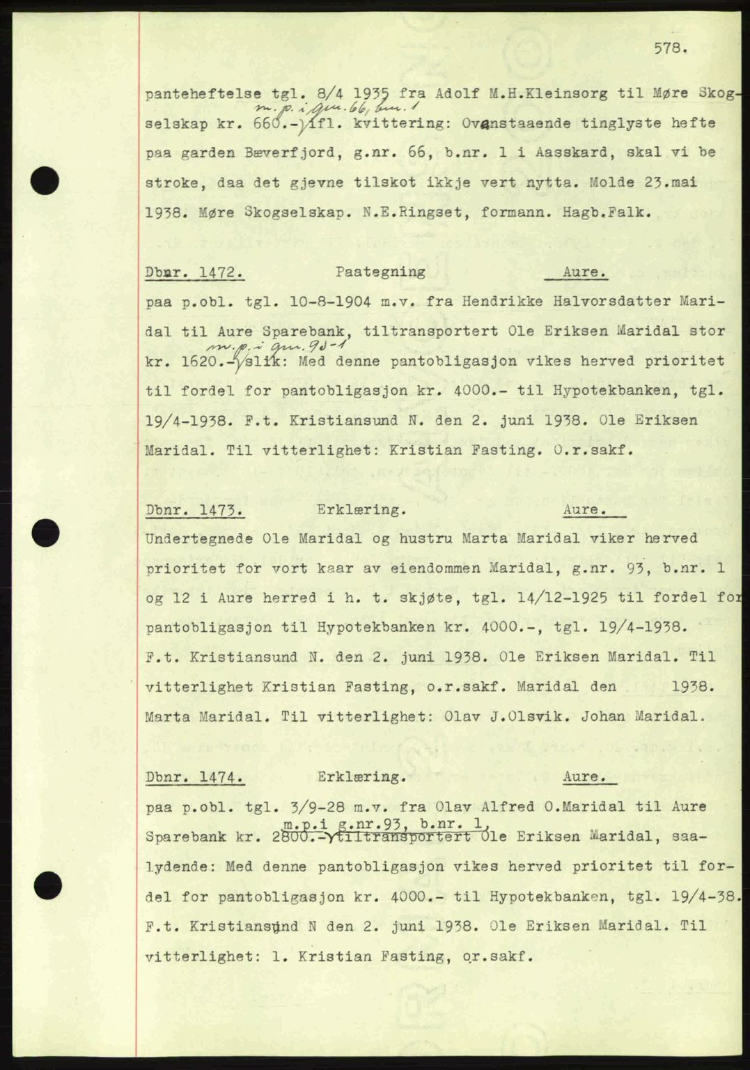 Nordmøre sorenskriveri, SAT/A-4132/1/2/2Ca: Pantebok nr. C80, 1936-1939, Dagboknr: 1472/1938