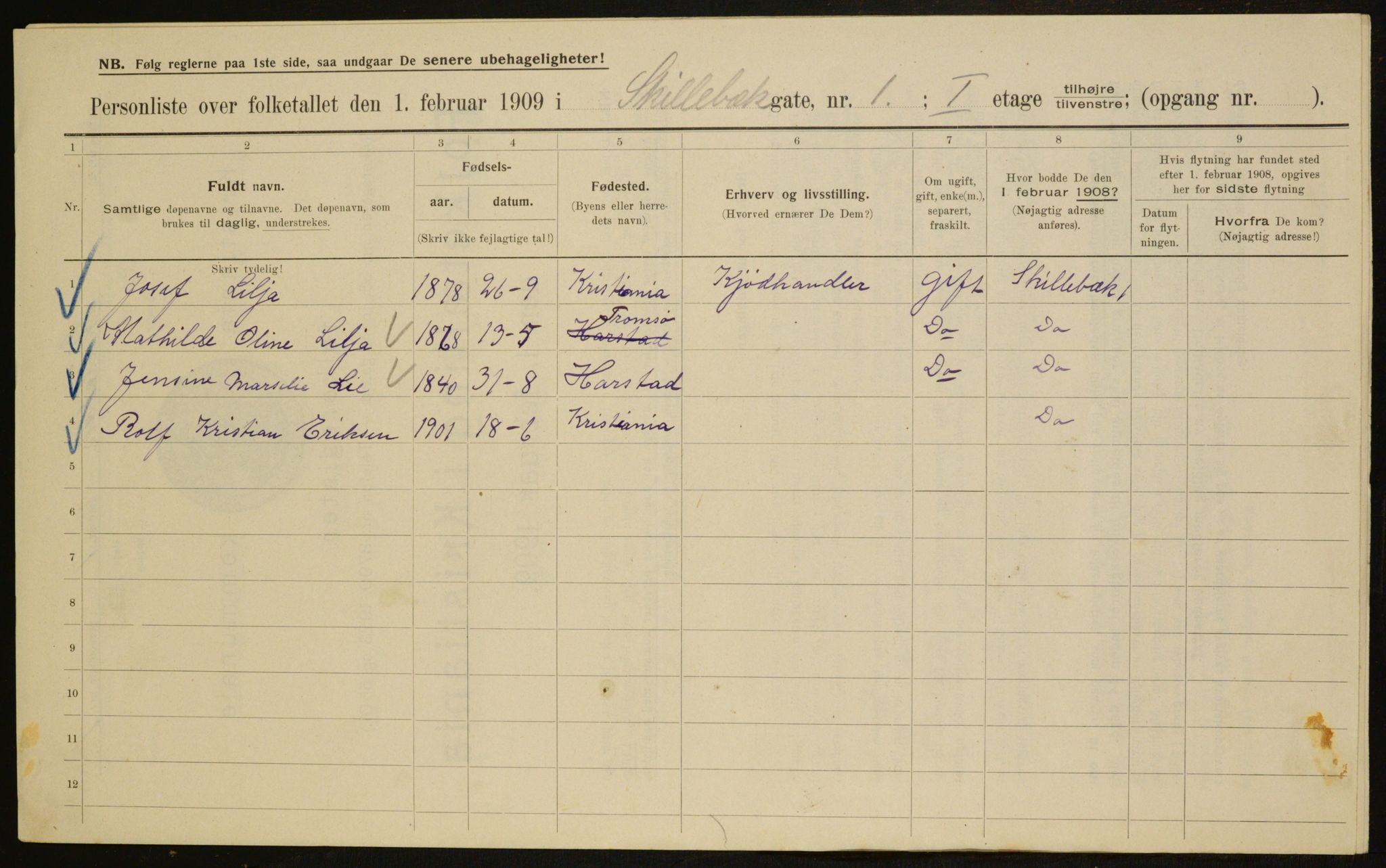 OBA, Kommunal folketelling 1.2.1909 for Kristiania kjøpstad, 1909, s. 86499