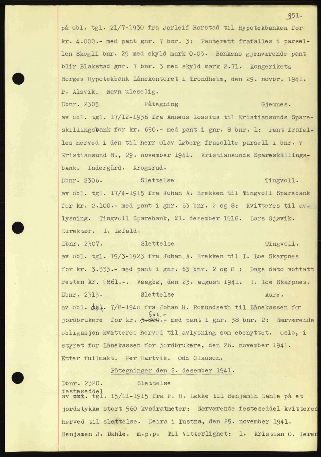 Nordmøre sorenskriveri, AV/SAT-A-4132/1/2/2Ca: Pantebok nr. C81, 1940-1945, Dagboknr: 2305/1941