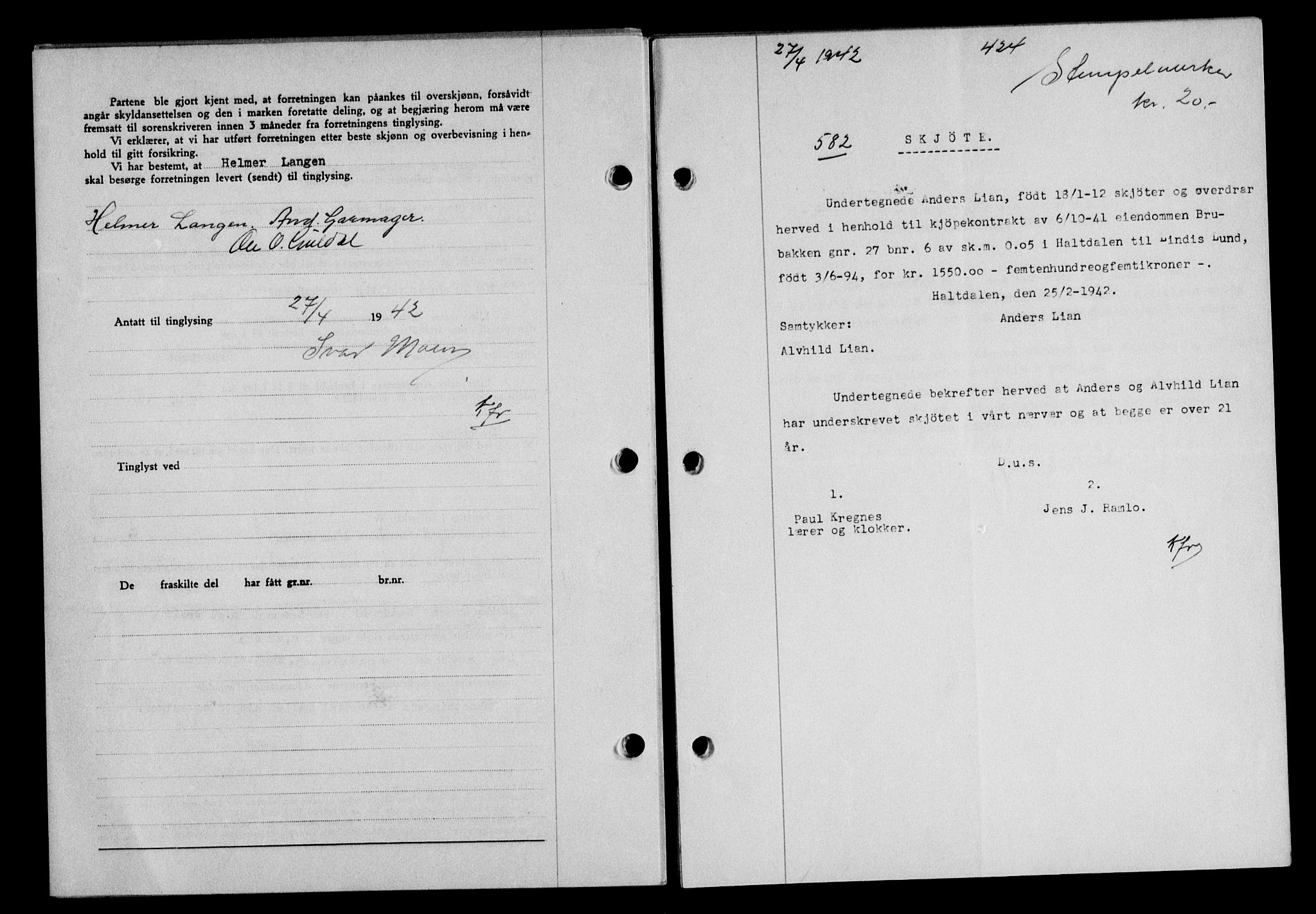 Gauldal sorenskriveri, SAT/A-0014/1/2/2C/L0054: Pantebok nr. 59, 1941-1942, Dagboknr: 582/1942