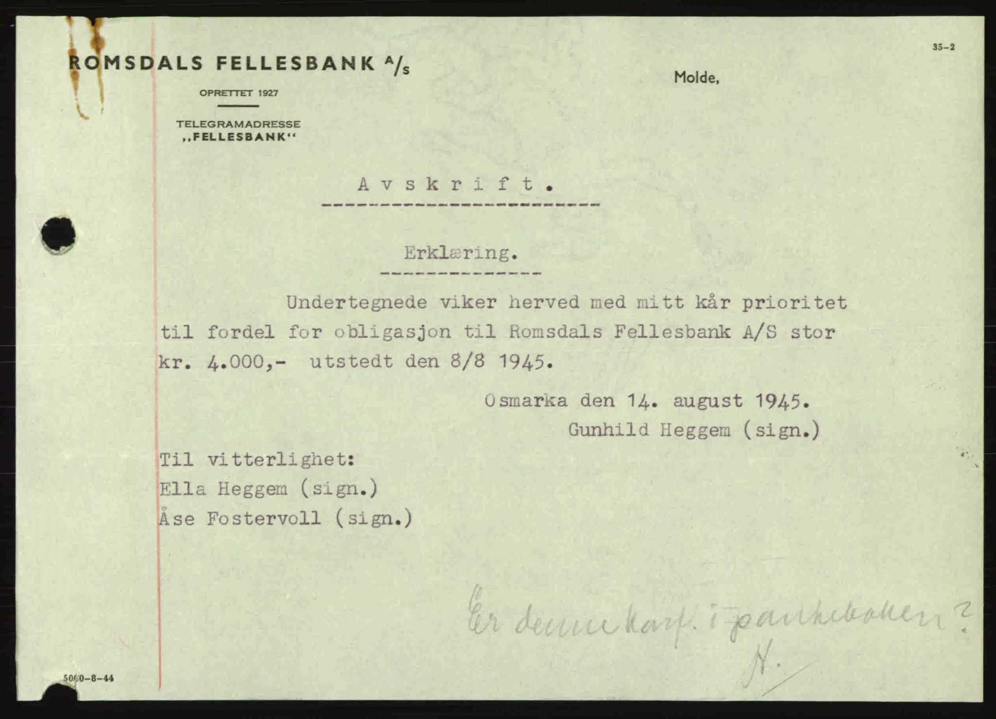 Nordmøre sorenskriveri, AV/SAT-A-4132/1/2/2Ca: Pantebok nr. B92, 1944-1945, Dagboknr: 1126/1945