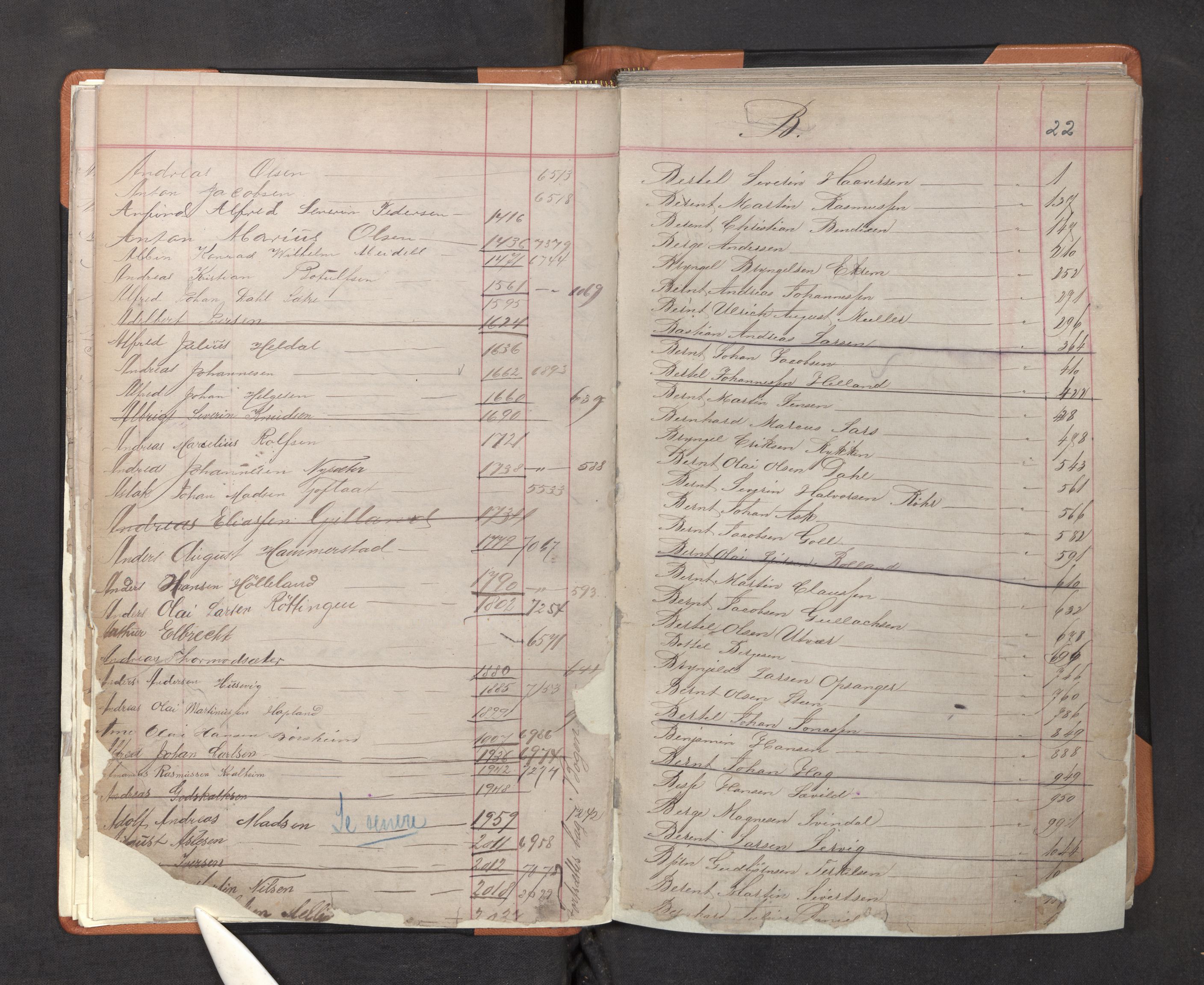 Innrulleringssjefen i Bergen, AV/SAB-A-100050/F/Fa/L0001: Register til annotasjons-hovedrulle for Bergen krets A - K, 1869-1897, s. 22