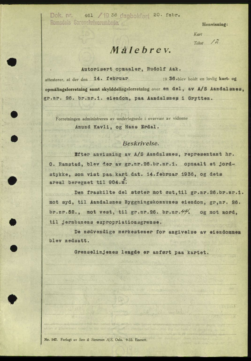 Romsdal sorenskriveri, SAT/A-4149/1/2/2C: Pantebok nr. A1, 1936-1936, Dagboknr: 461/1936