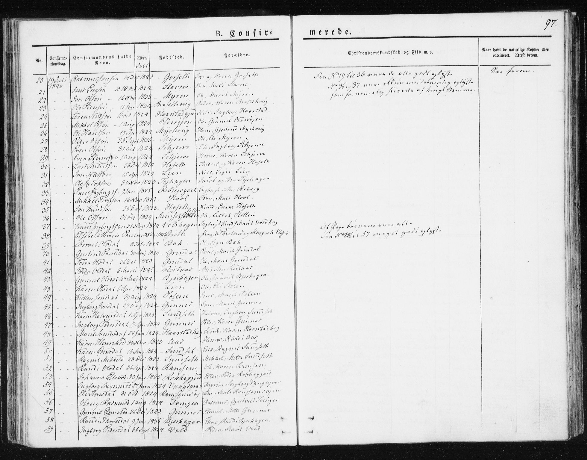Ministerialprotokoller, klokkerbøker og fødselsregistre - Sør-Trøndelag, SAT/A-1456/674/L0869: Ministerialbok nr. 674A01, 1829-1860, s. 97