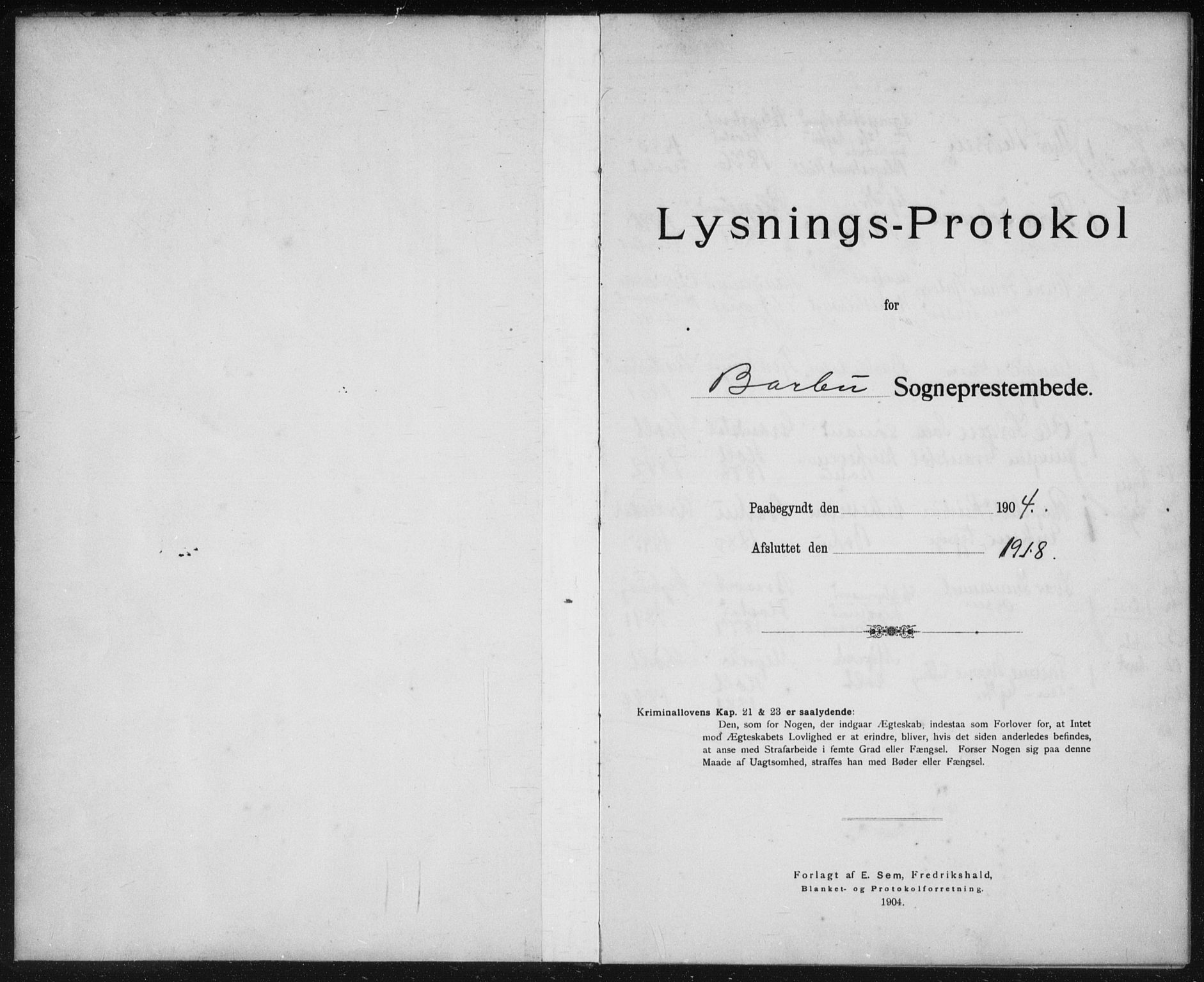 Barbu sokneprestkontor, SAK/1111-0003/F/Fe/L0001: Lysningsprotokoll nr. D 1, 1904-1918