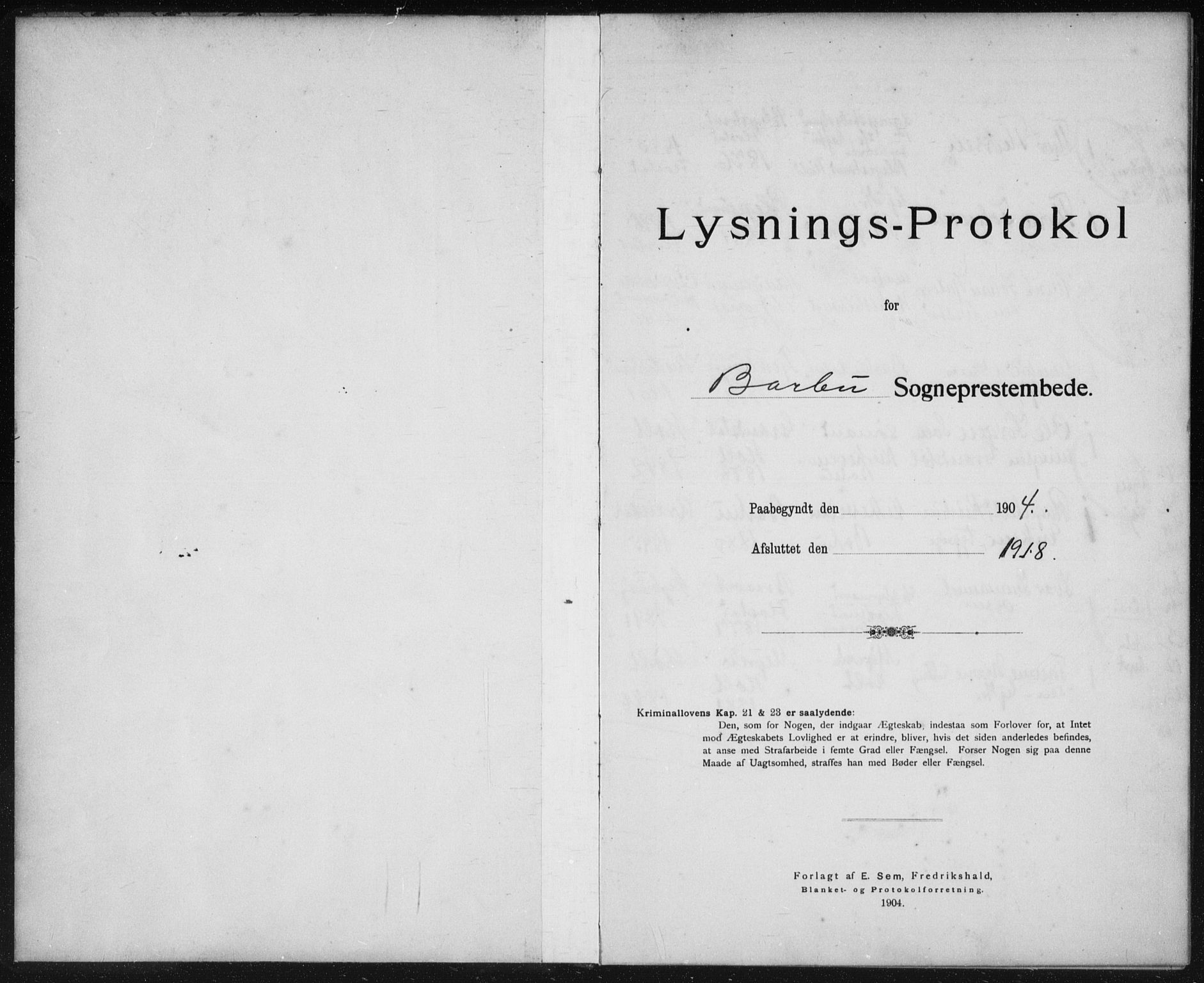 Barbu sokneprestkontor, AV/SAK-1111-0003/F/Fe/L0001: Lysningsprotokoll nr. D 1, 1904-1918