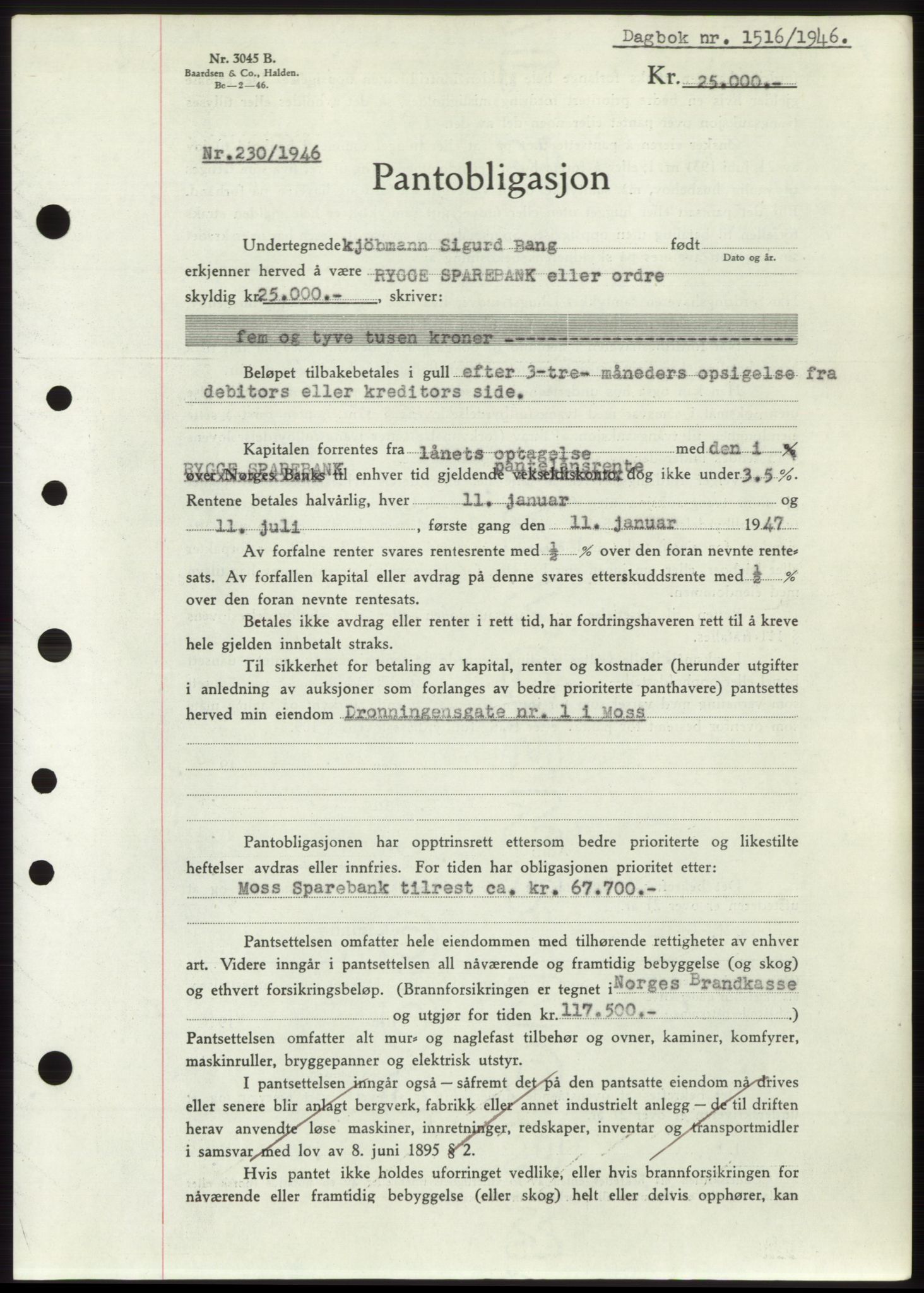 Moss sorenskriveri, SAO/A-10168: Pantebok nr. B15, 1946-1946, Dagboknr: 1516/1946