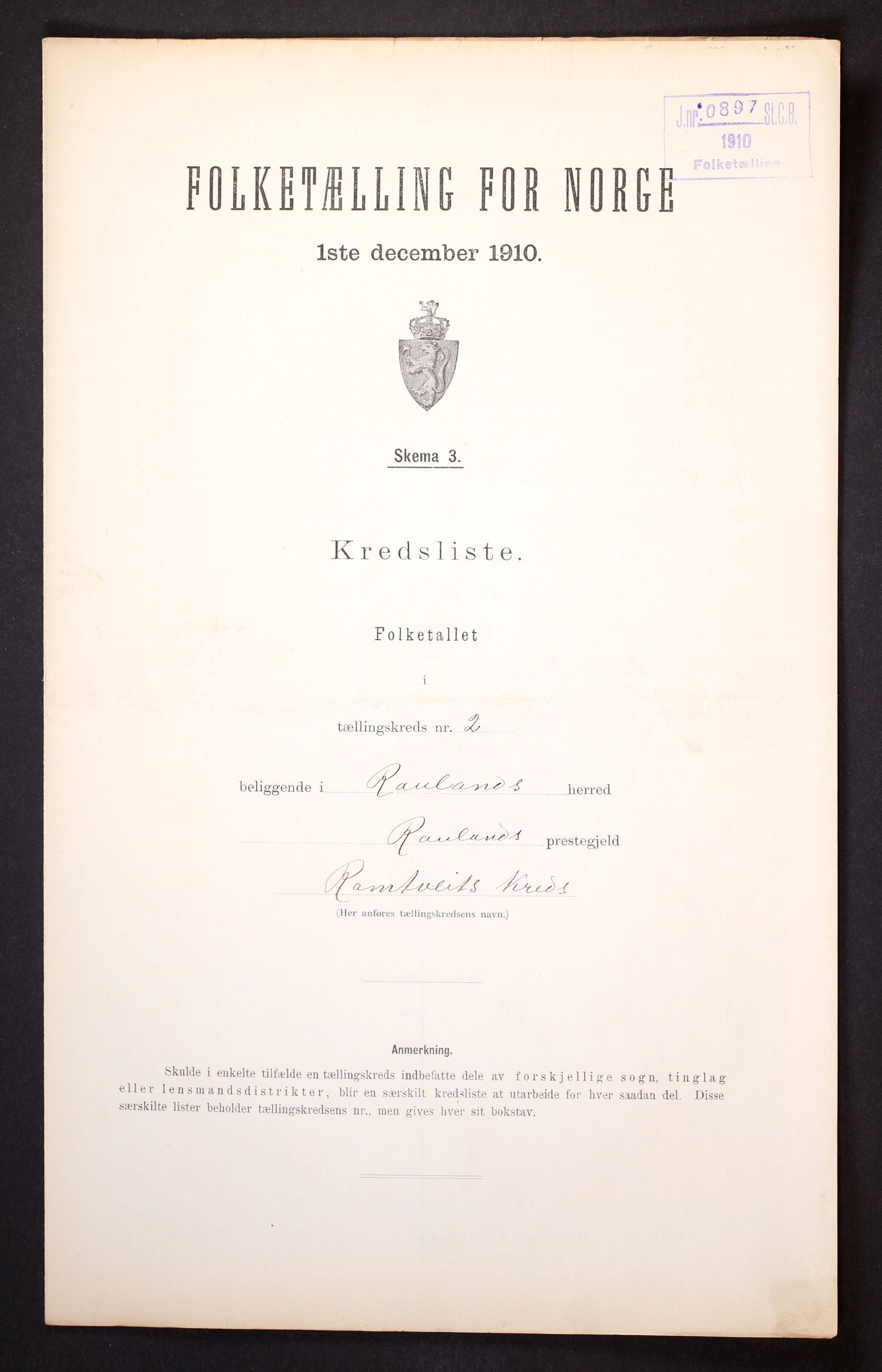 RA, Folketelling 1910 for 0835 Rauland herred, 1910, s. 7