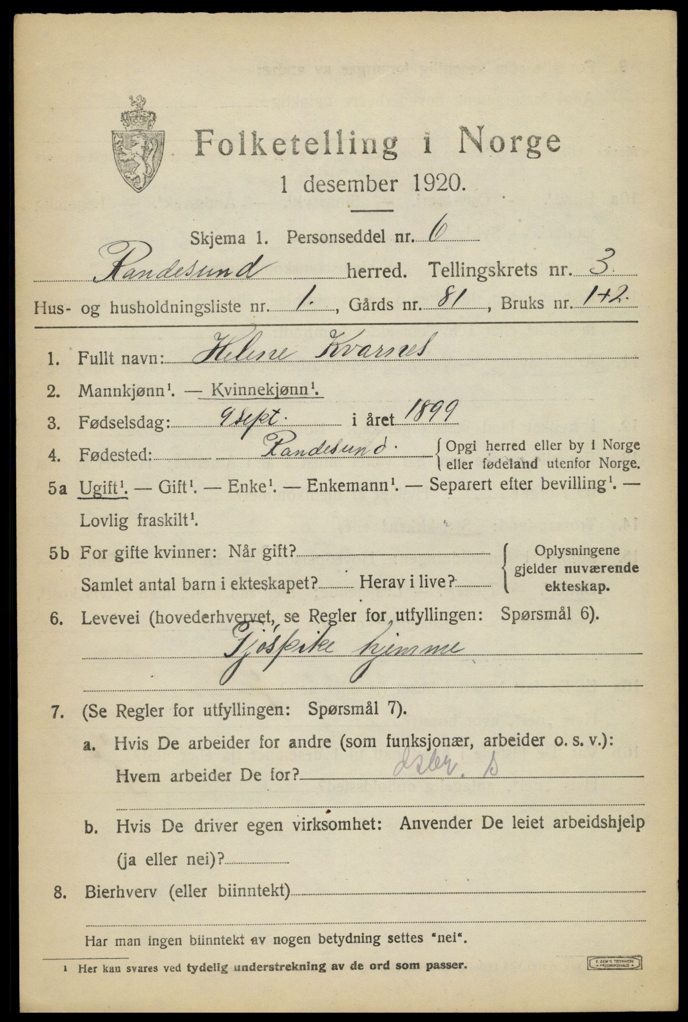 SAK, Folketelling 1920 for 1011 Randesund herred, 1920, s. 1462