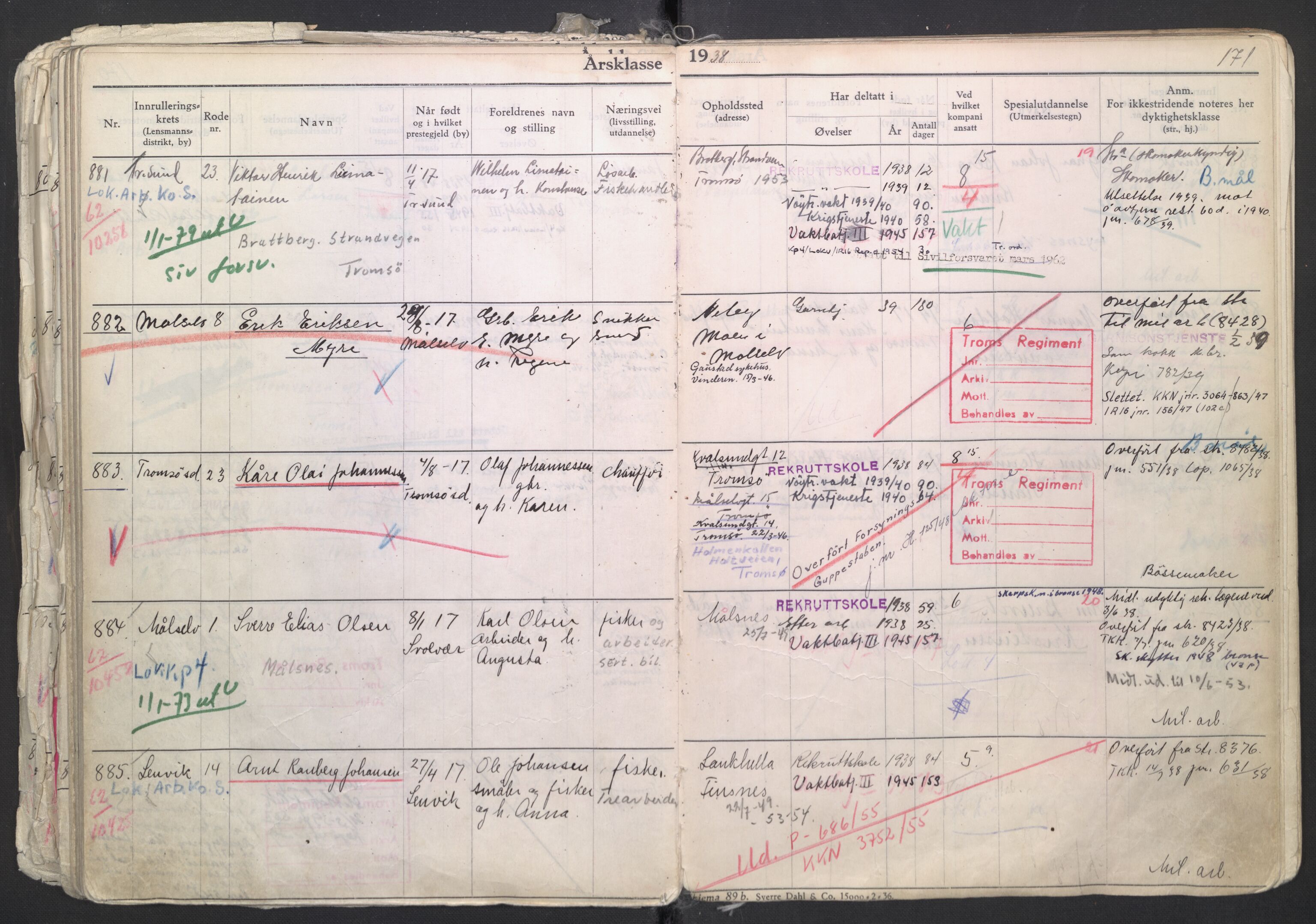 Forsvaret, Troms infanteriregiment nr. 16, AV/RA-RAFA-3146/P/Pa/L0007/0003: Ruller / Rulle for regimentets menige mannskaper, årsklasse 1938, 1938, s. 171