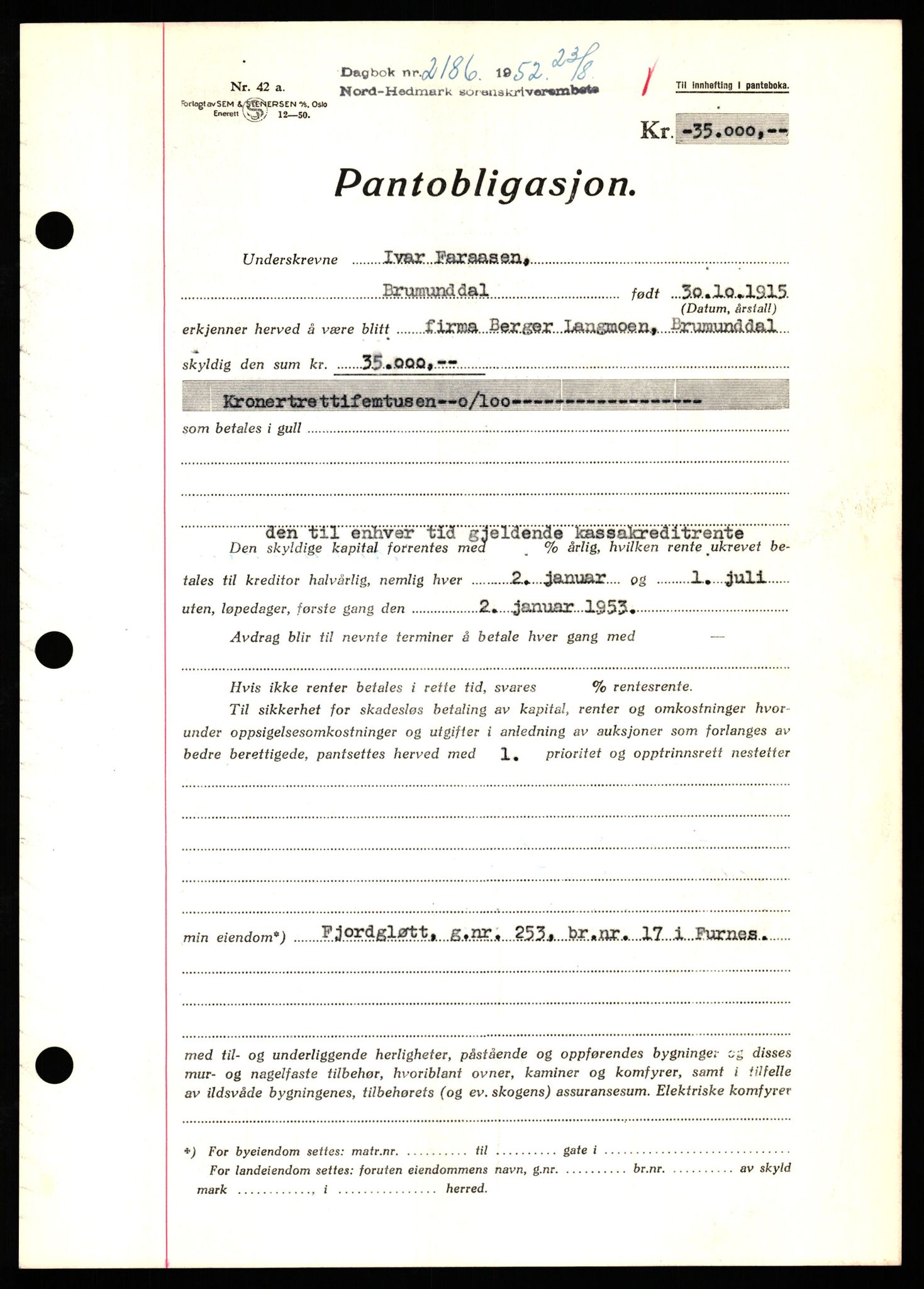 Nord-Hedmark sorenskriveri, SAH/TING-012/H/Hb/Hbf/L0025: Pantebok nr. B25, 1952-1952, Dagboknr: 2186/1952