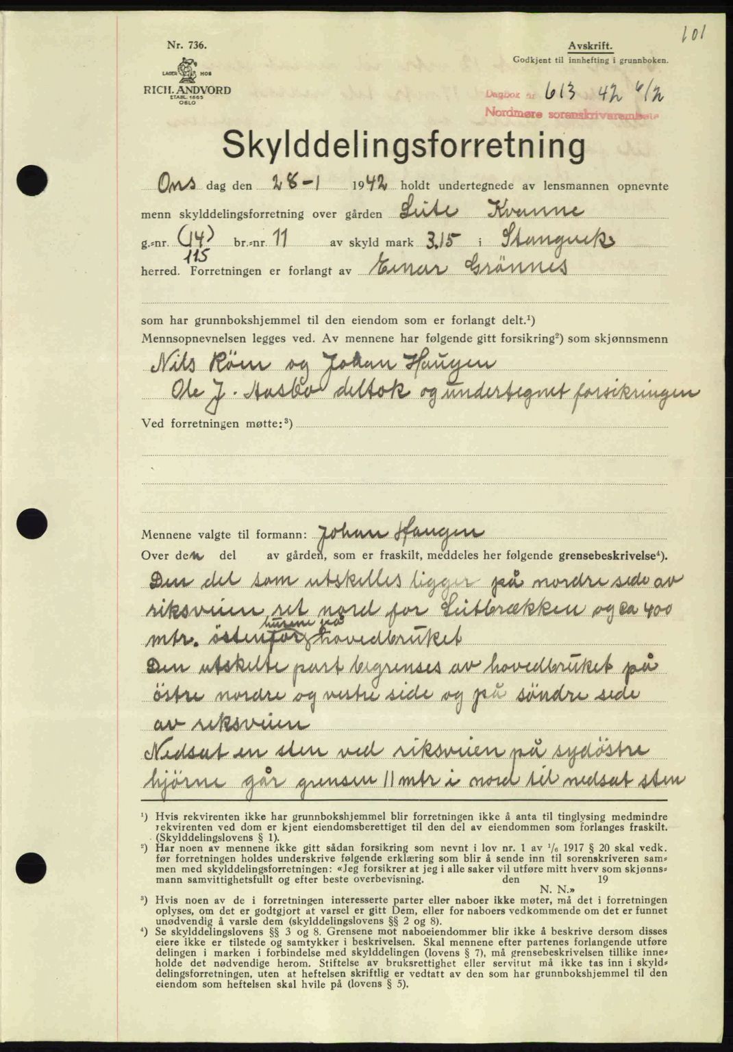 Nordmøre sorenskriveri, SAT/A-4132/1/2/2Ca: Pantebok nr. A92, 1942-1942, Dagboknr: 613/1942