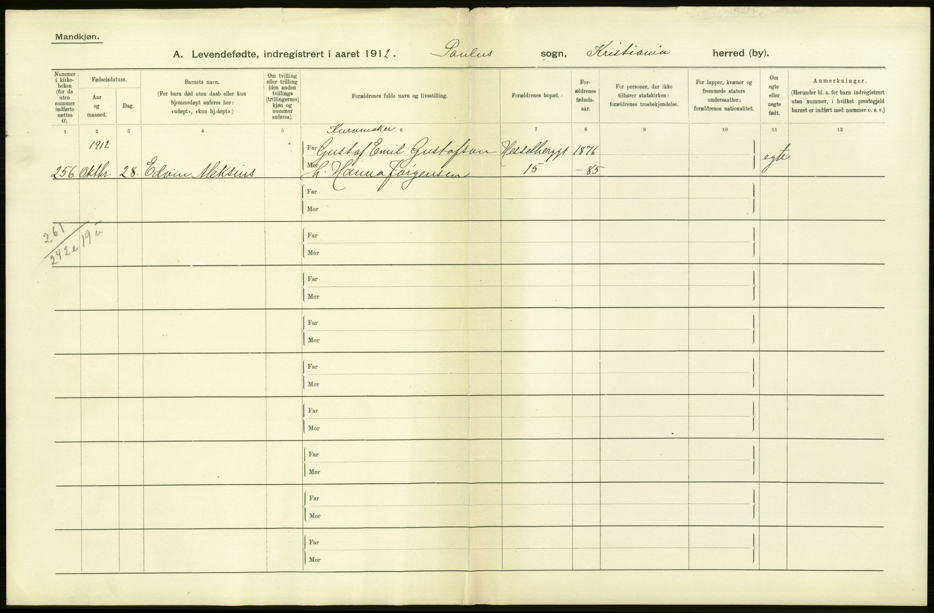 Statistisk sentralbyrå, Sosiodemografiske emner, Befolkning, RA/S-2228/D/Df/Dfb/Dfbb/L0006: Kristiania:  Levendefødte menn og kvinner., 1912, s. 154