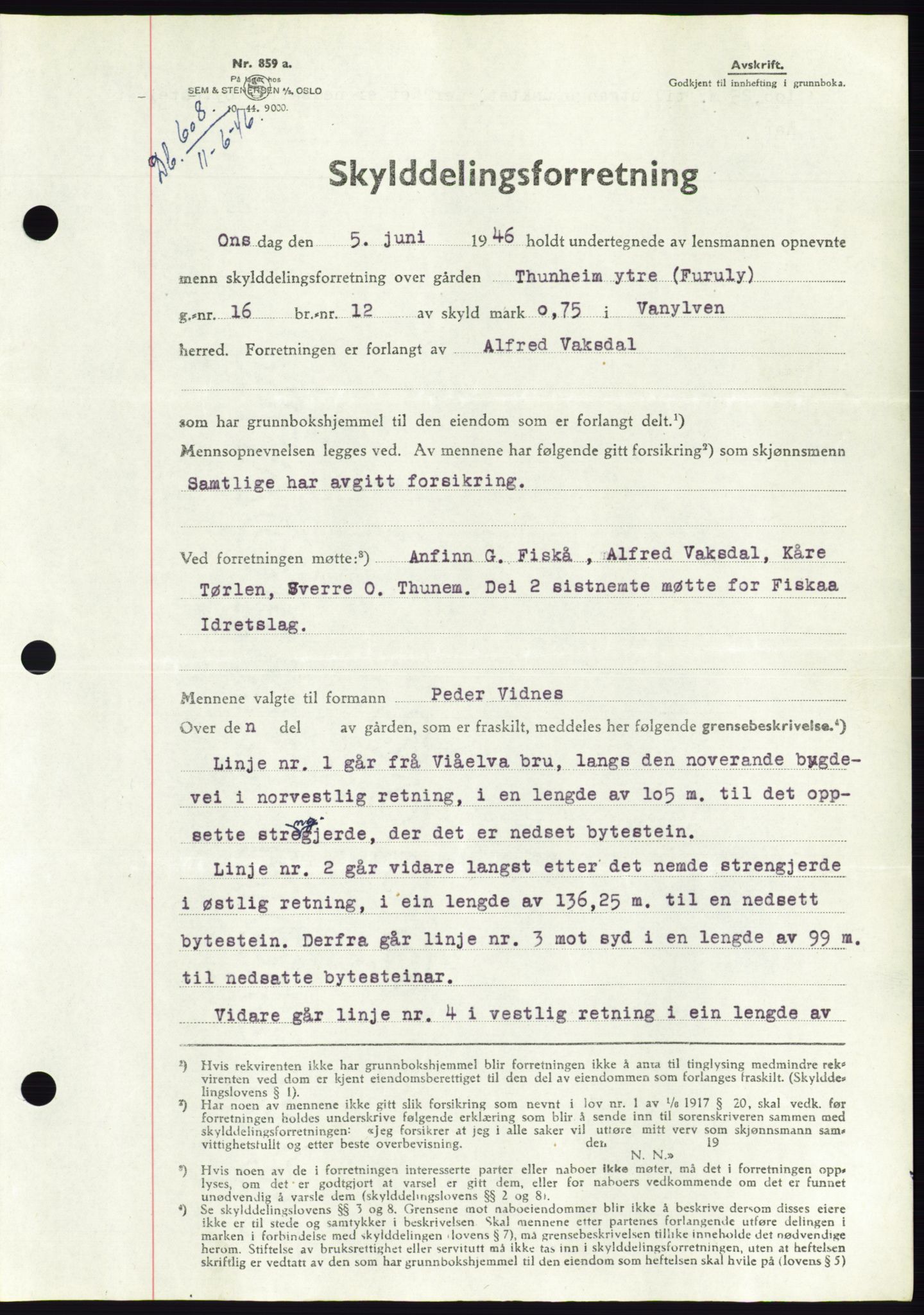 Søre Sunnmøre sorenskriveri, AV/SAT-A-4122/1/2/2C/L0078: Pantebok nr. 4A, 1946-1946, Dagboknr: 608/1946