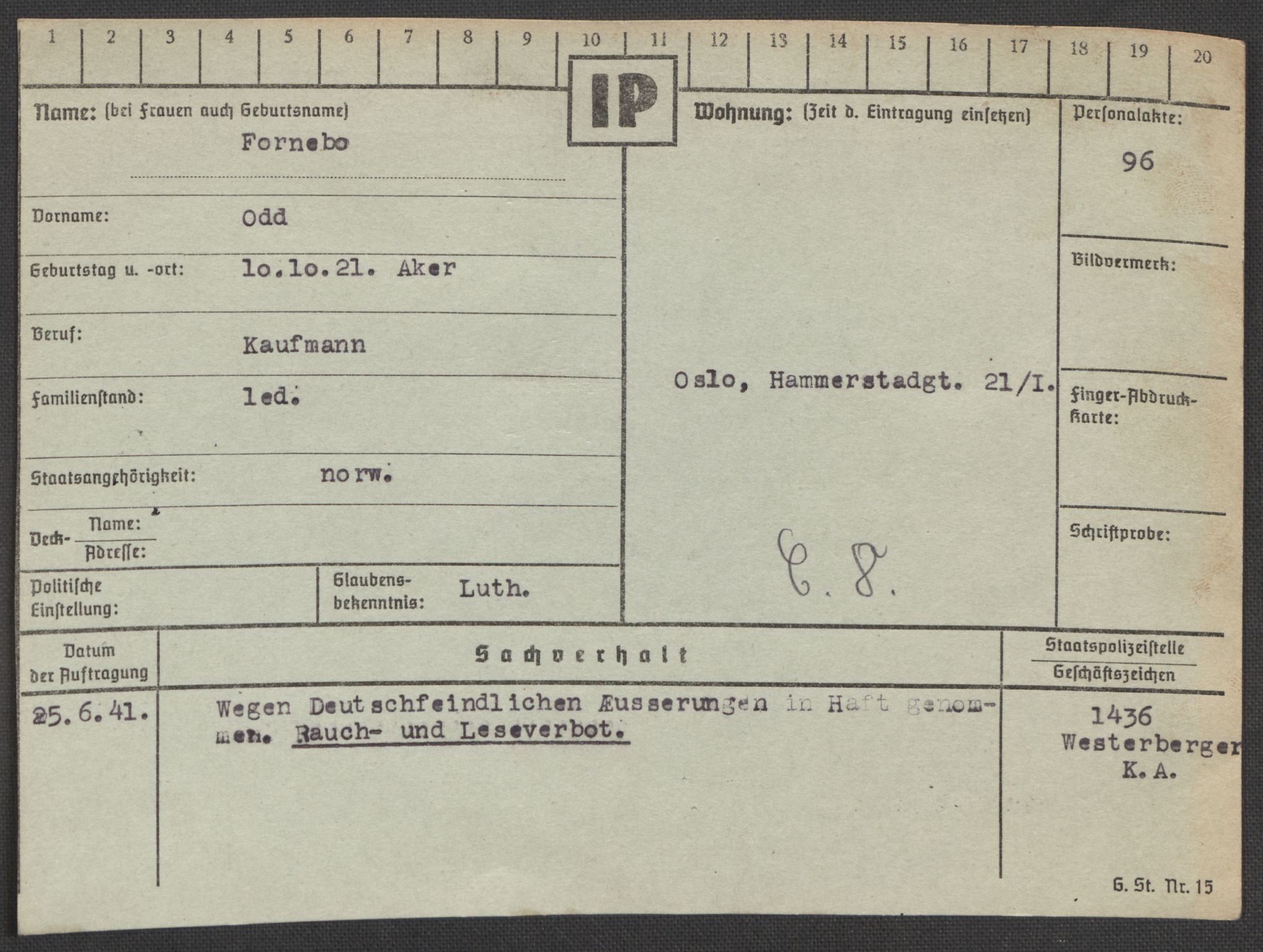 Befehlshaber der Sicherheitspolizei und des SD, AV/RA-RAFA-5969/E/Ea/Eaa/L0003: Register over norske fanger i Møllergata 19: Eng-Hag, 1940-1945, s. 450