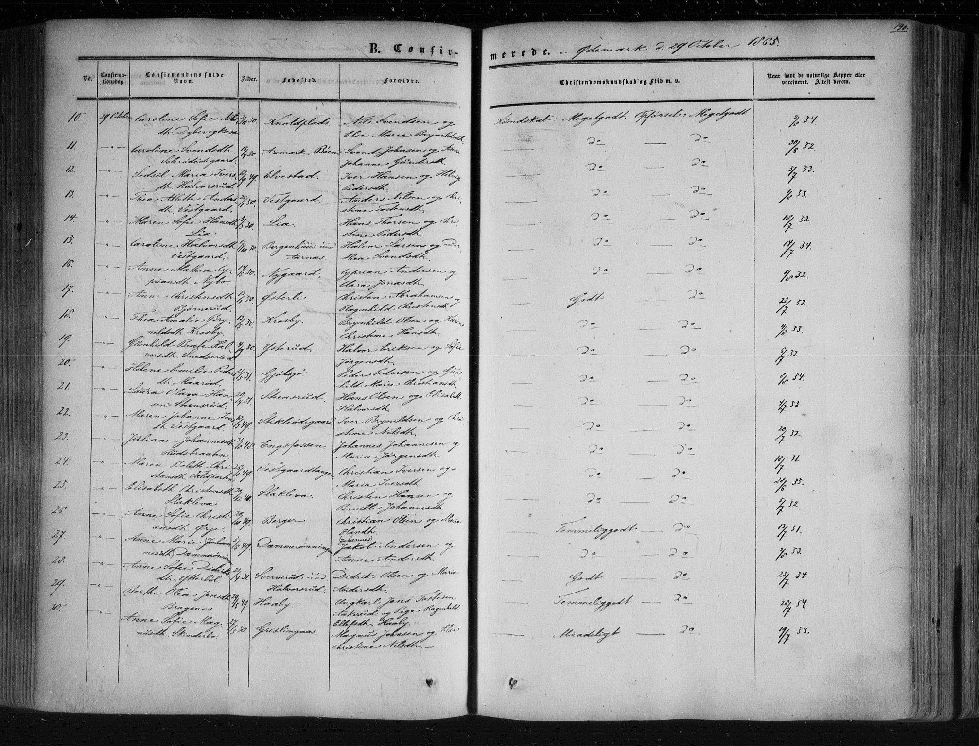 Aremark prestekontor Kirkebøker, AV/SAO-A-10899/F/Fc/L0003: Ministerialbok nr. III 3, 1850-1865, s. 190