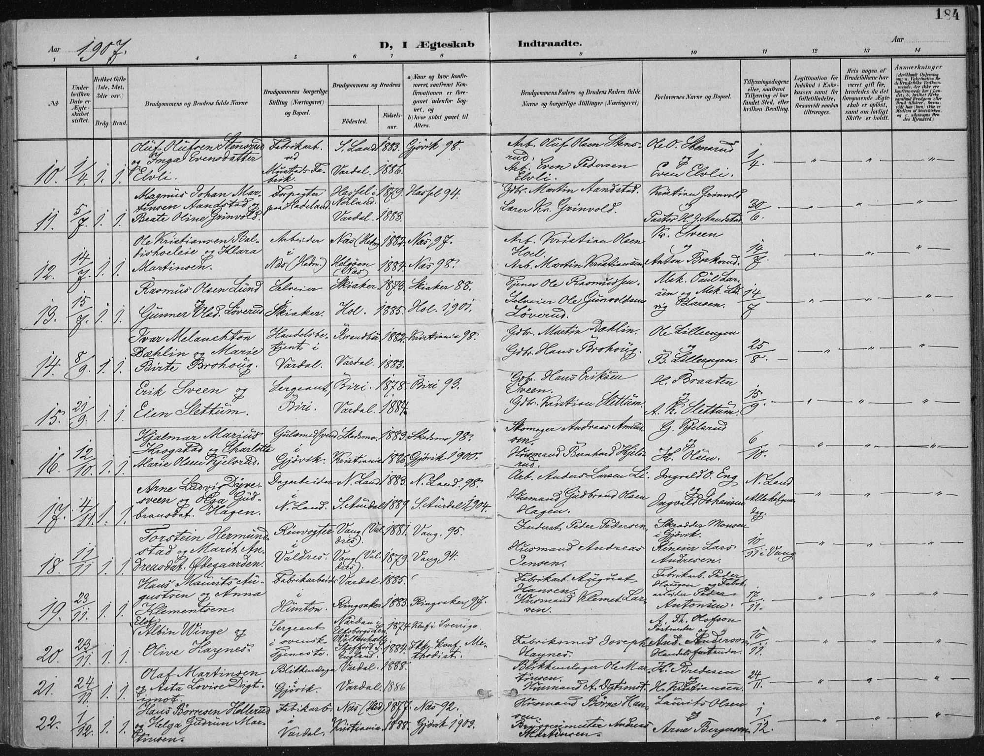 Vardal prestekontor, AV/SAH-PREST-100/H/Ha/Haa/L0013: Ministerialbok nr. 13, 1901-1911, s. 184