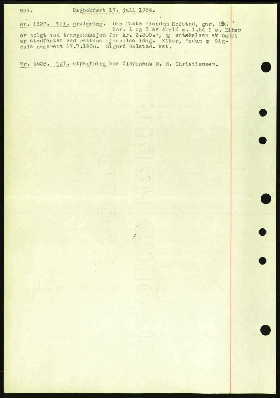 Eiker, Modum og Sigdal sorenskriveri, SAKO/A-123/G/Ga/Gab/L0032: Pantebok nr. A2, 1936-1936, Dagboknr: 1637/1936